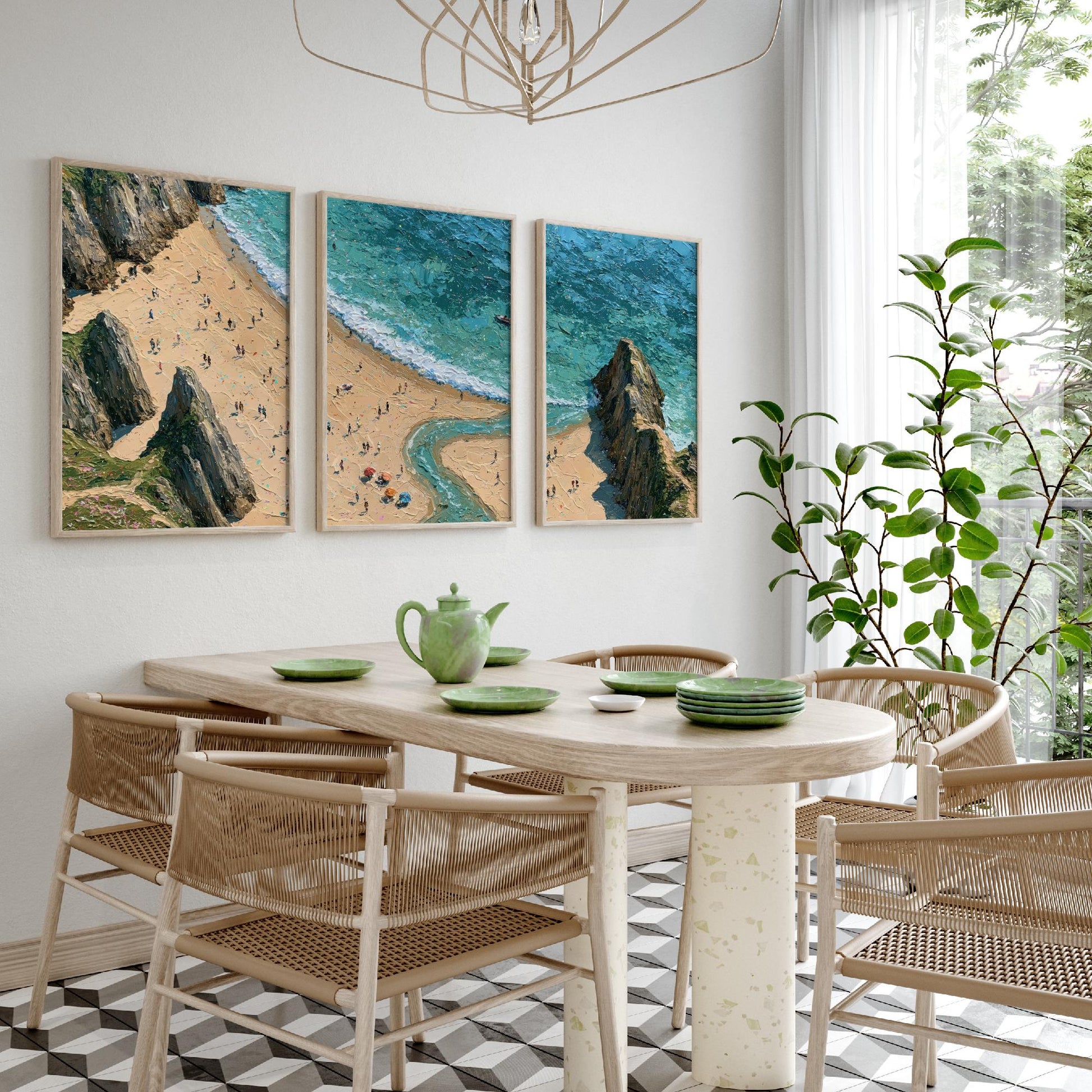 Set of Three Three Cliffs Bay Prints - Aerial Coastal Oil Painting Posters - Colourful Seaside Wall Art - Wales