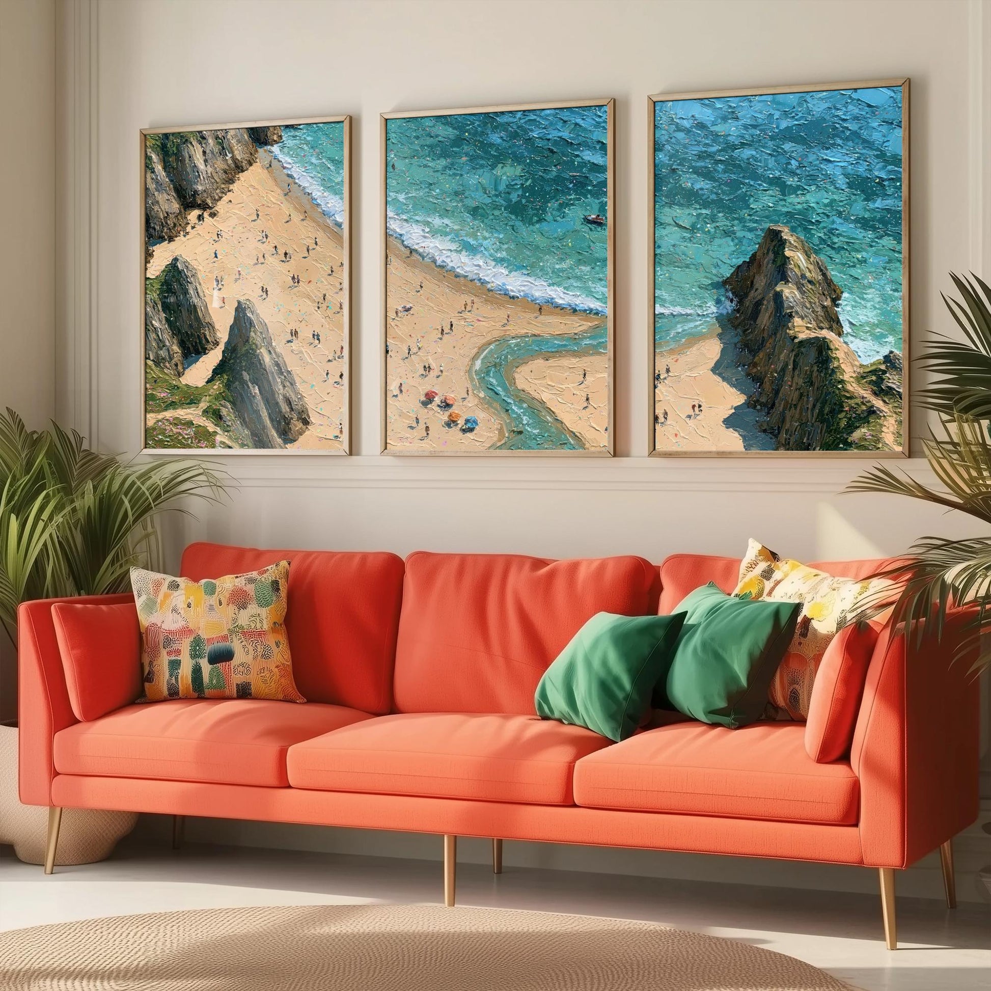 Set of Three Three Cliffs Bay Prints - Aerial Coastal Oil Painting Posters - Colourful Seaside Wall Art - Wales