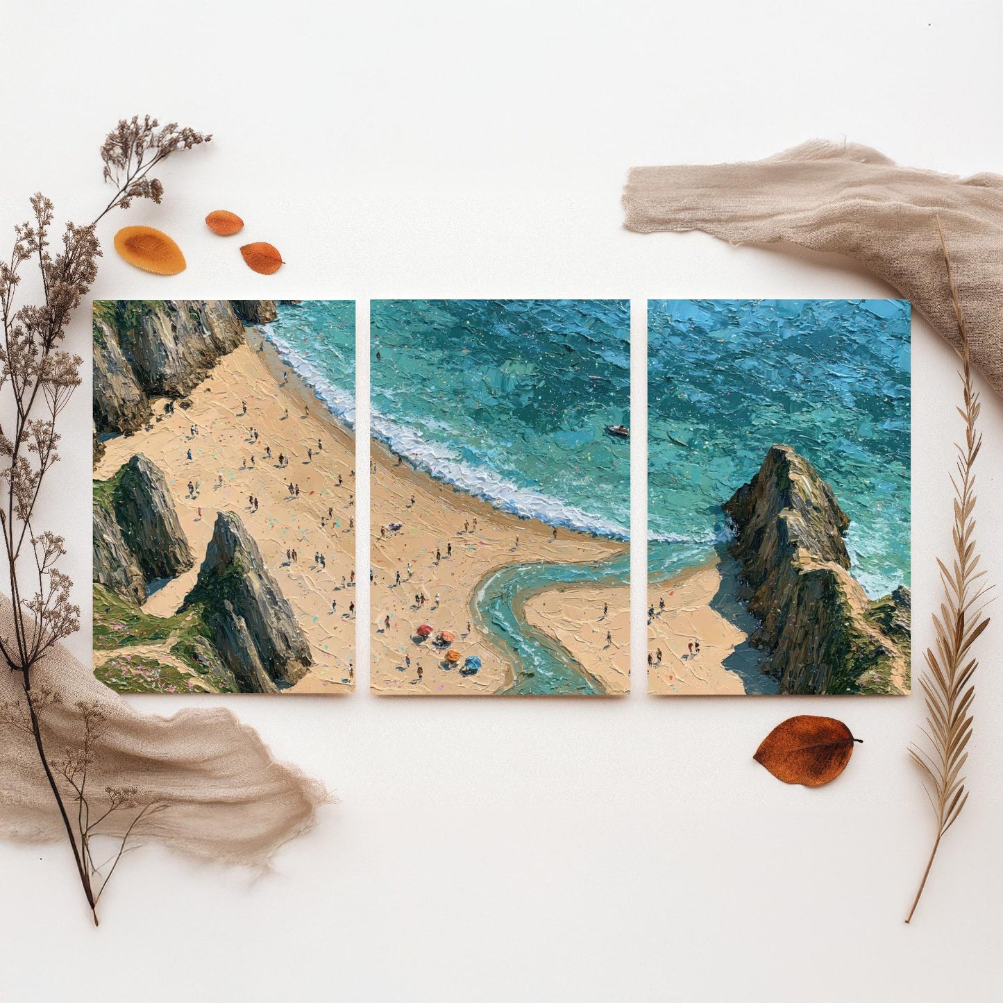 Set of Three Three Cliffs Bay Prints - Aerial Coastal Oil Painting Posters - Colourful Seaside Wall Art - Wales