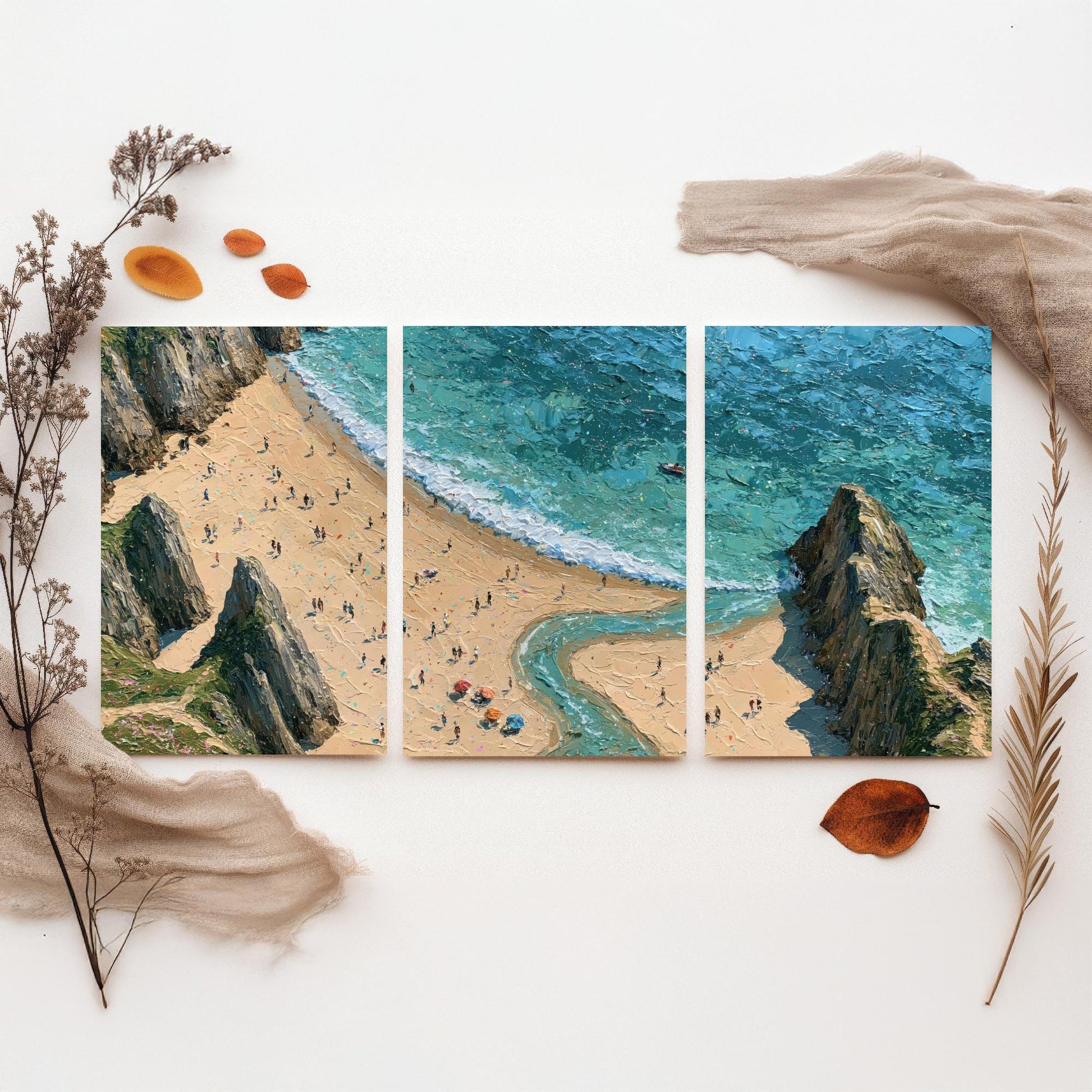 Set of Three Three Cliffs Bay Prints - Aerial Coastal Oil Painting Posters - Colourful Seaside Wall Art - Wales