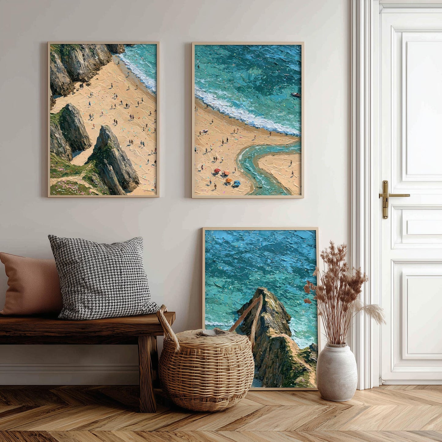 Set of Three Three Cliffs Bay Prints - Aerial Coastal Oil Painting Posters - Colourful Seaside Wall Art - Wales