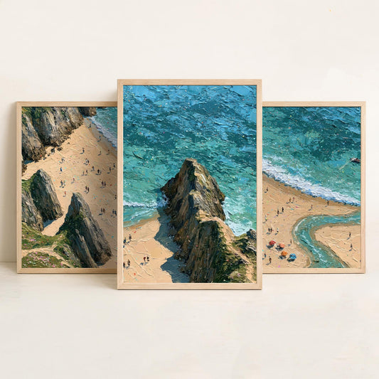 Set of Three Three Cliffs Bay Prints - Aerial Coastal Oil Painting Posters - Colourful Seaside Wall Art - Wales