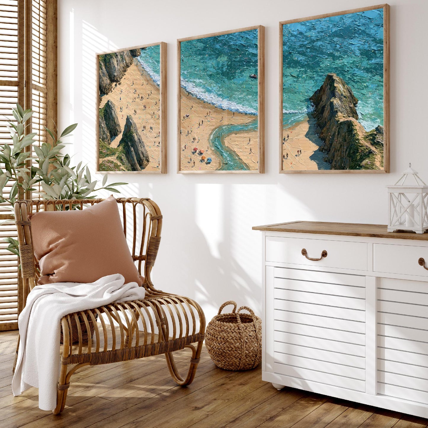 Set of Three Three Cliffs Bay Prints - Aerial Coastal Oil Painting Posters - Colourful Seaside Wall Art - Wales