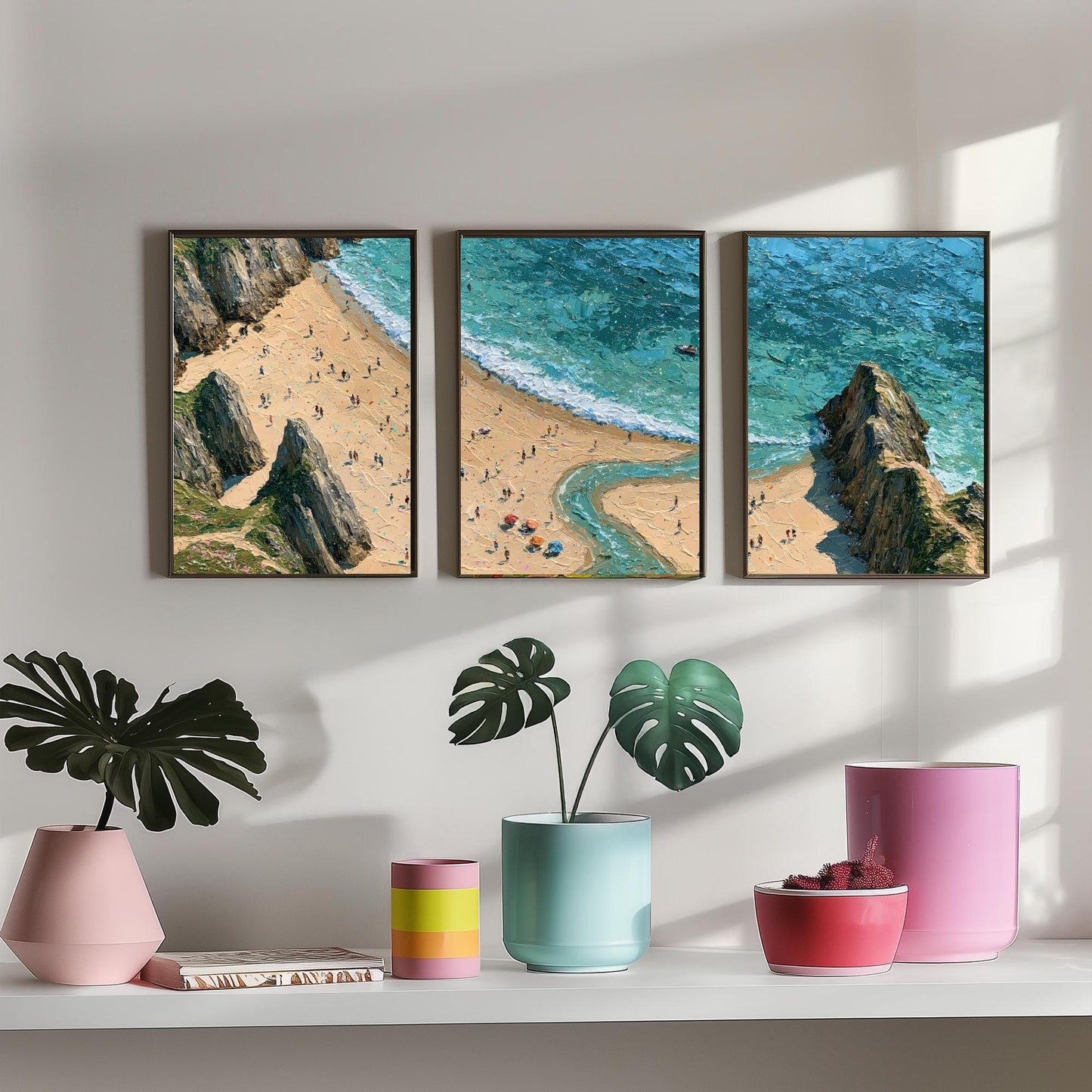 Set of Three Three Cliffs Bay Prints - Aerial Coastal Oil Painting Posters - Colourful Seaside Wall Art - Wales