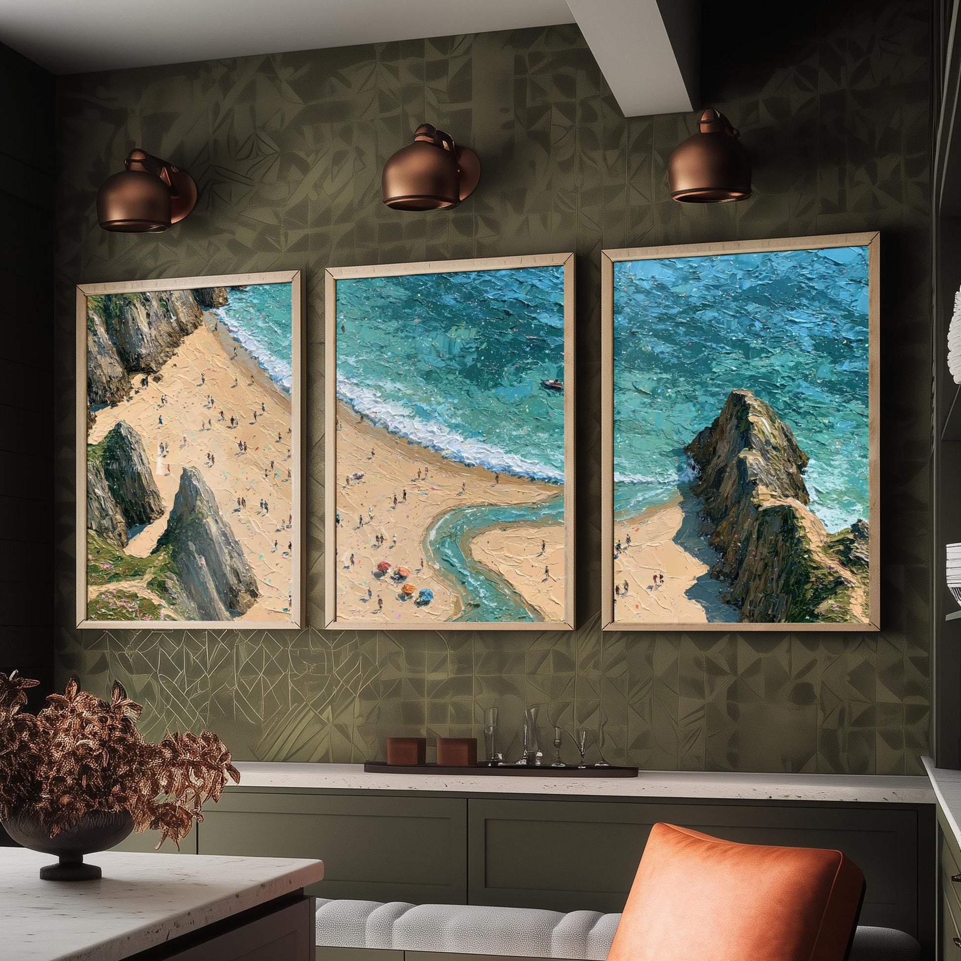 Set of Three Three Cliffs Bay Prints - Aerial Coastal Oil Painting Posters - Colourful Seaside Wall Art - Wales