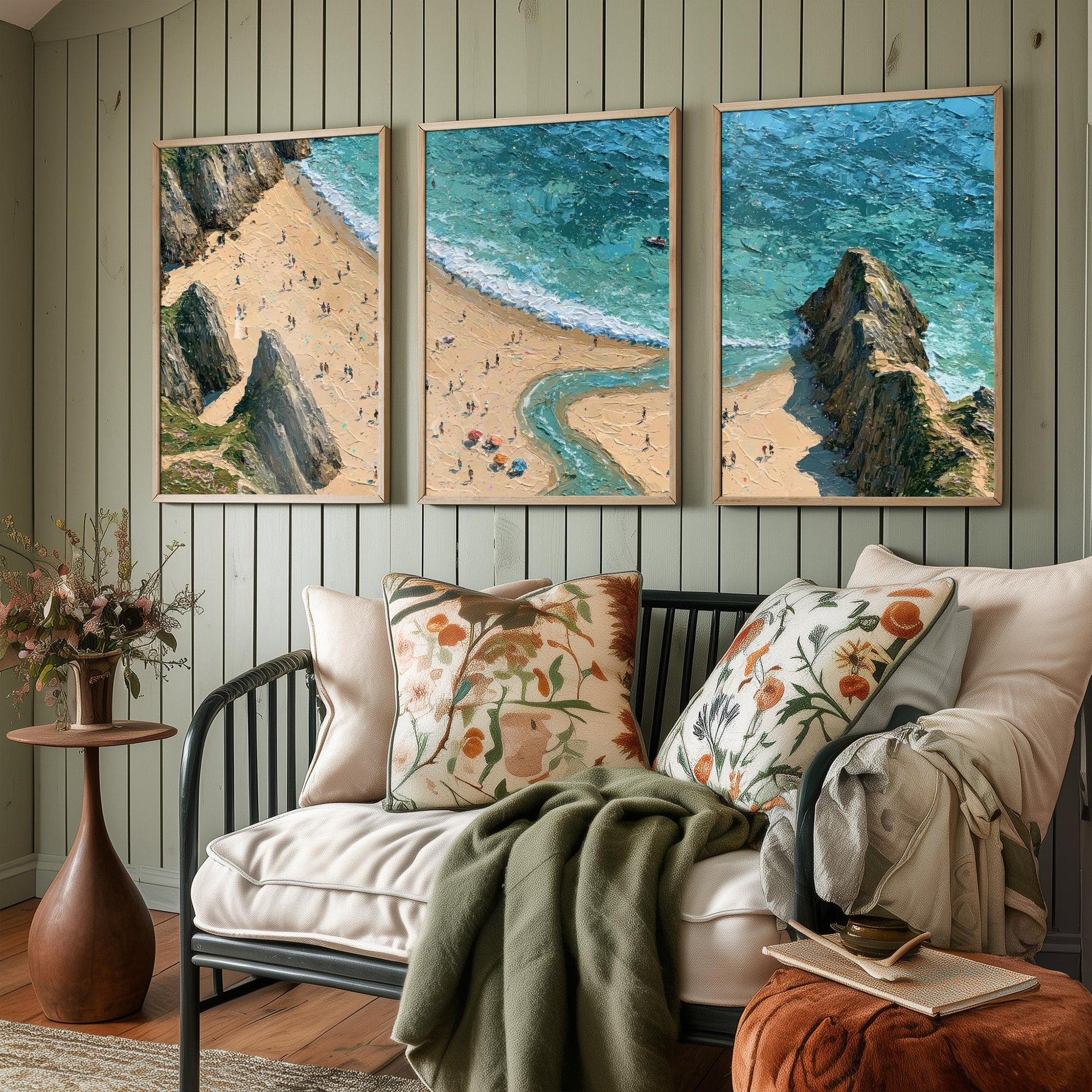 Set of Three Three Cliffs Bay Prints - Aerial Coastal Oil Painting Posters - Colourful Seaside Wall Art - Wales