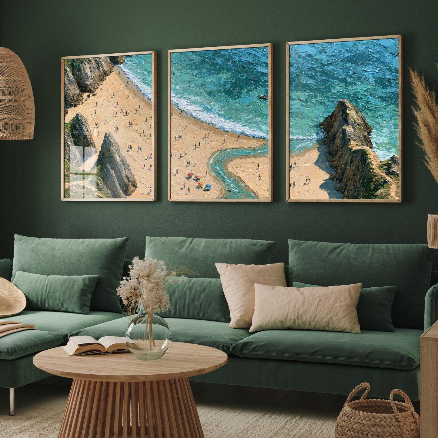 Set of Three Three Cliffs Bay Prints - Aerial Coastal Oil Painting Posters - Colourful Seaside Wall Art - Wales