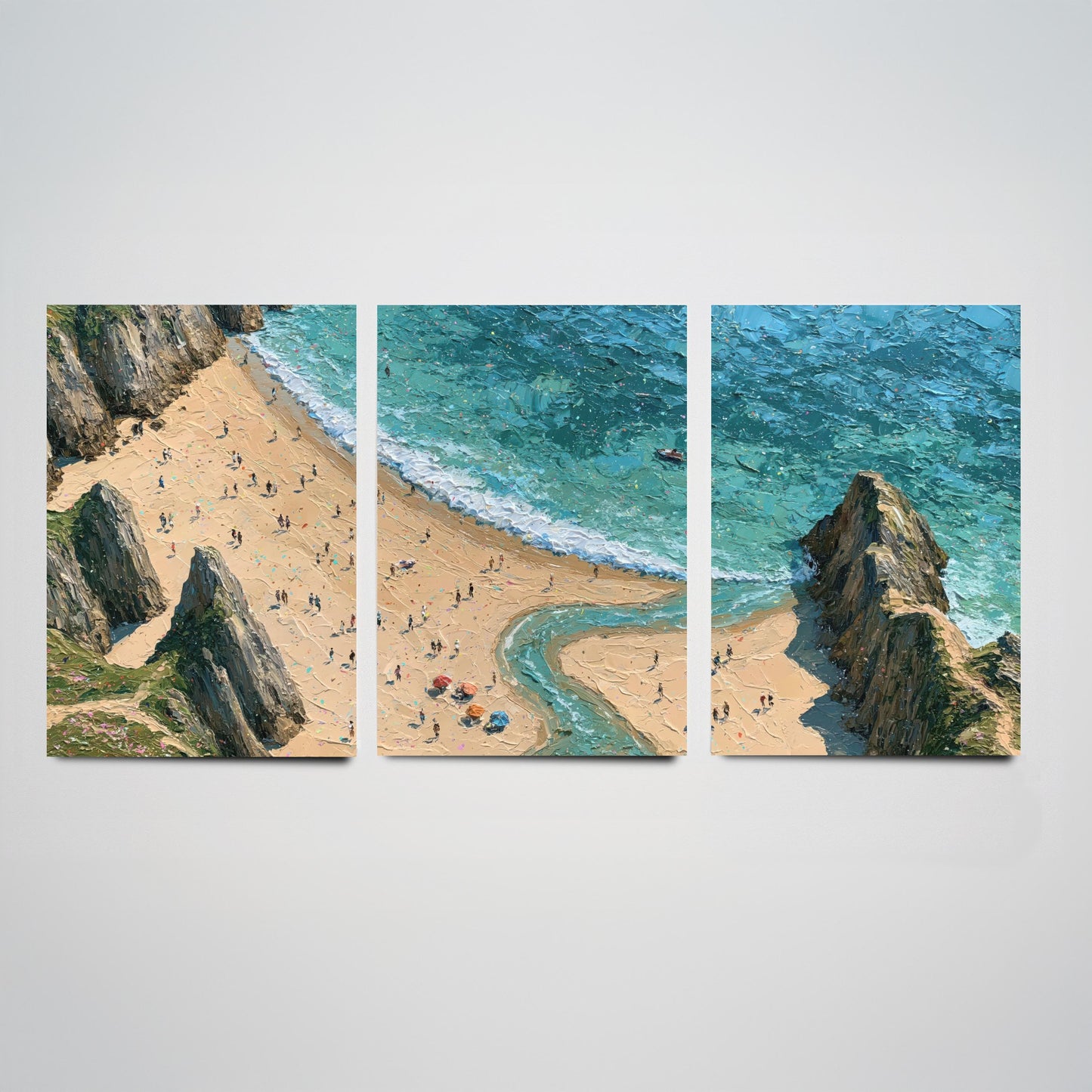 Set of Three Three Cliffs Bay Prints - Aerial Coastal Oil Painting Posters - Colourful Seaside Wall Art - Wales