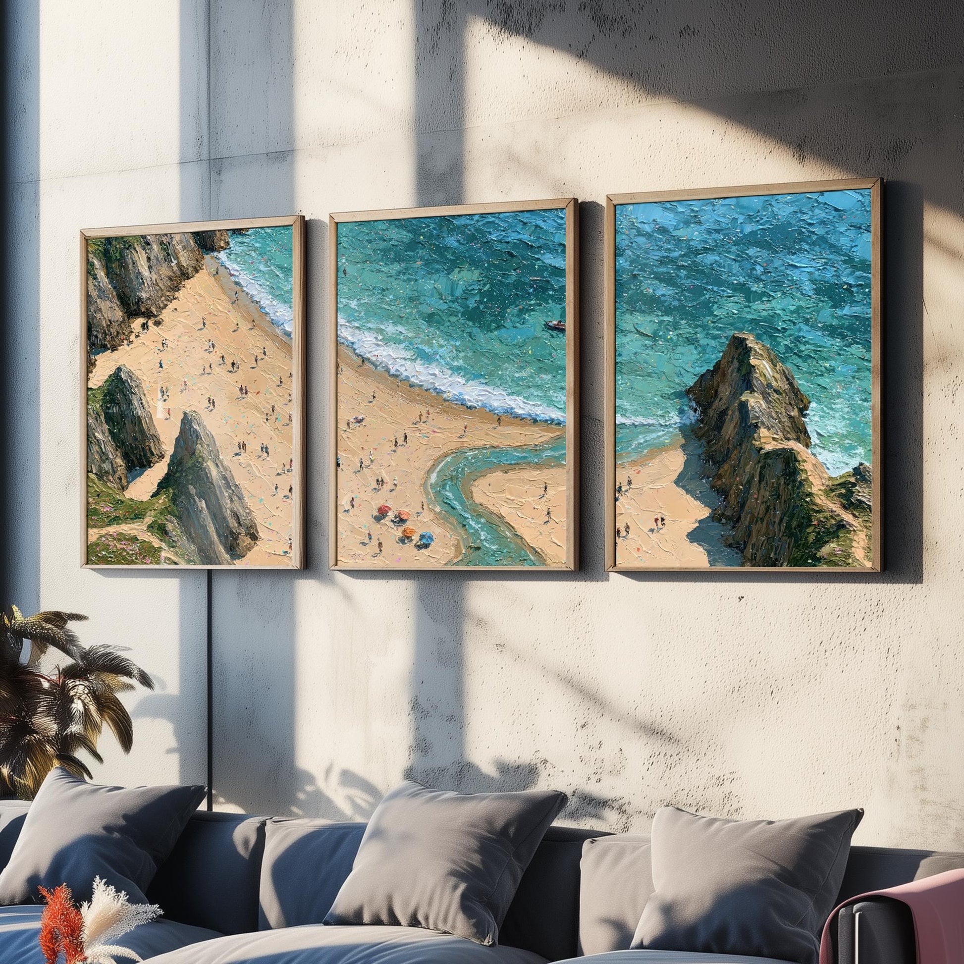 Set of Three Three Cliffs Bay Prints - Aerial Coastal Oil Painting Posters - Colourful Seaside Wall Art - Wales