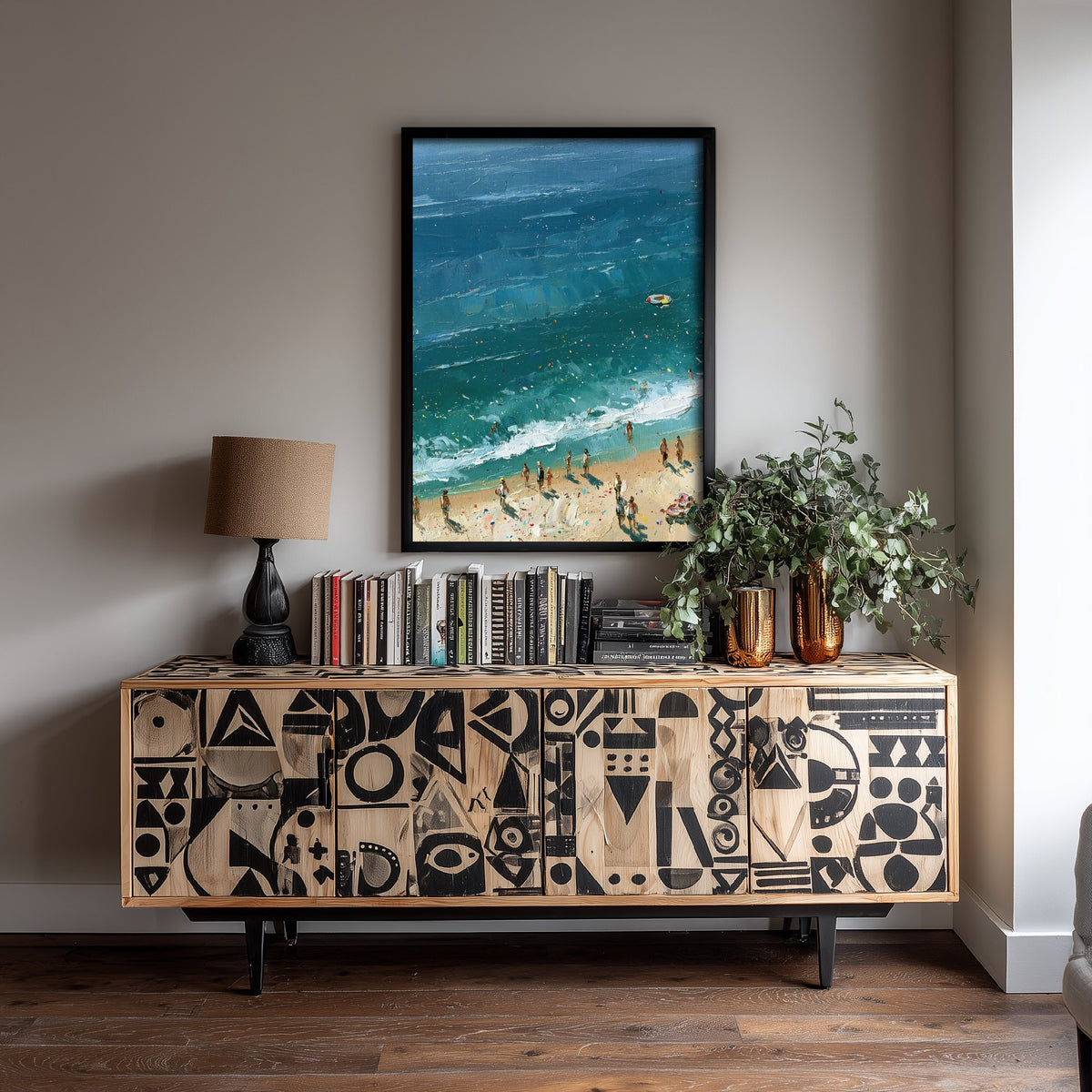 Tynemouth Longsands Travel Poster - Aerial Beach Art Print - Impasto Beach Painting - Tyne and Wear Panel 1/3