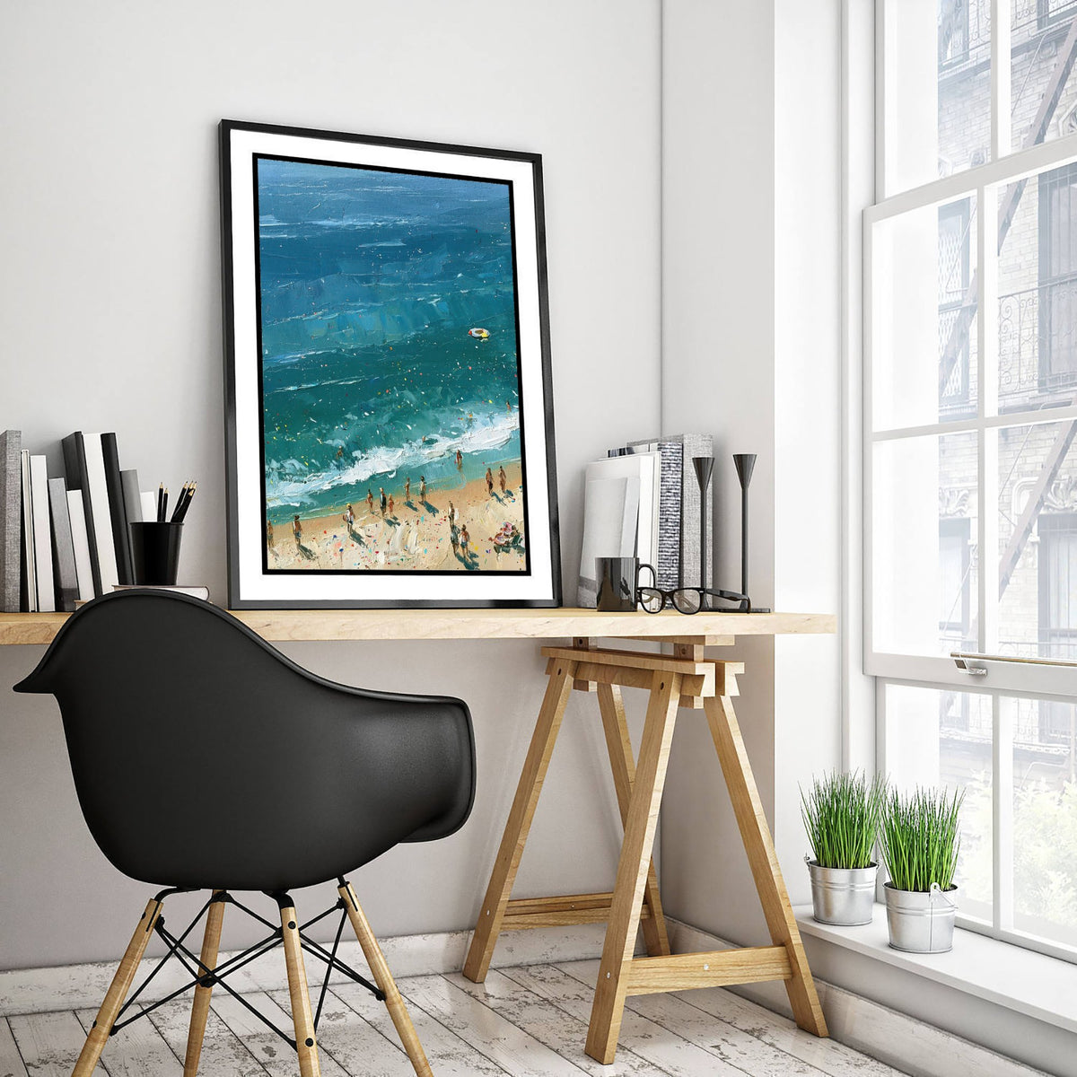 Tynemouth Longsands Travel Poster - Aerial Beach Art Print - Impasto Beach Painting - Tyne and Wear Panel 1/3