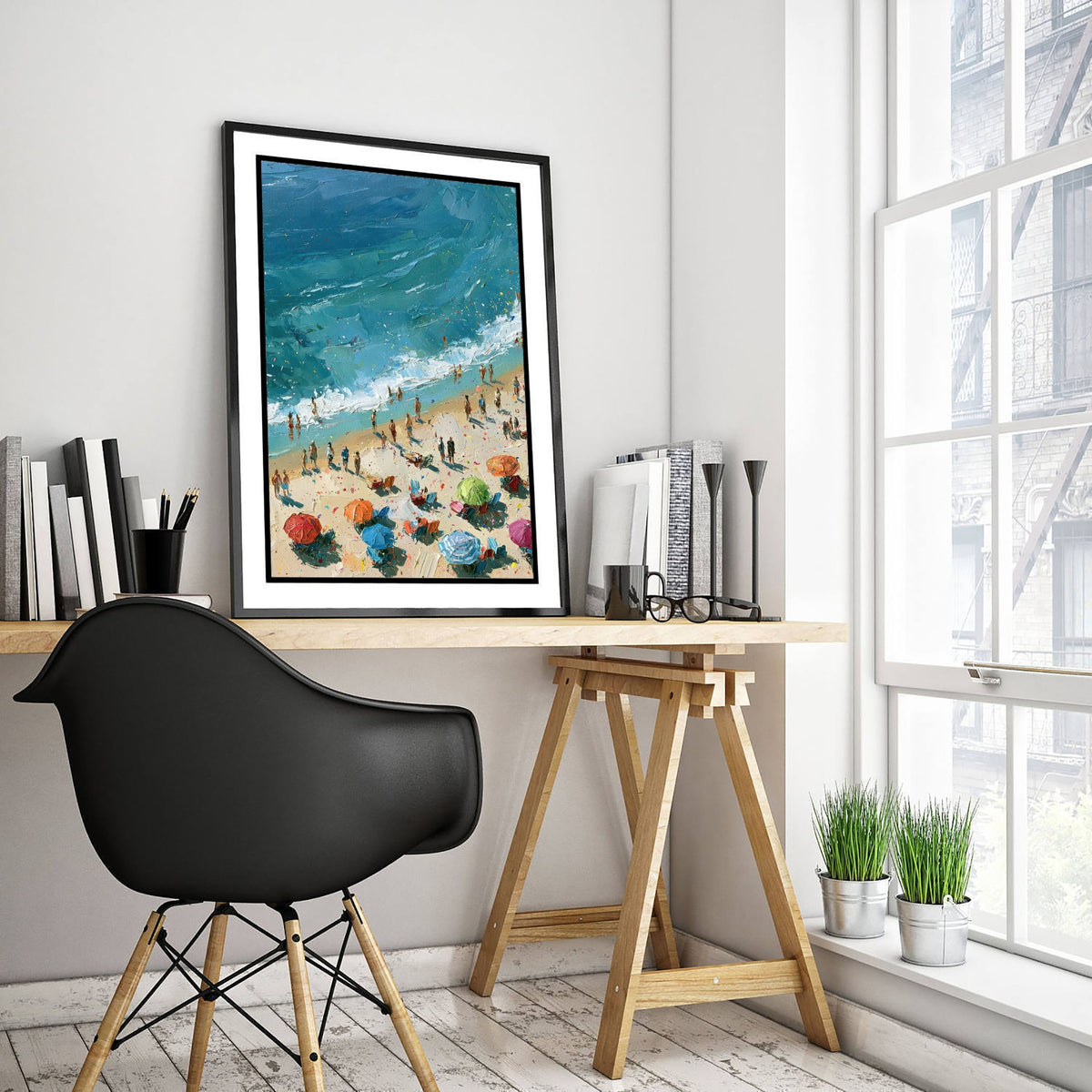 Tynemouth Longsands Travel Poster - Aerial Beach Art Print - Impasto Beach Painting - Tyne and Wear Panel 2/3