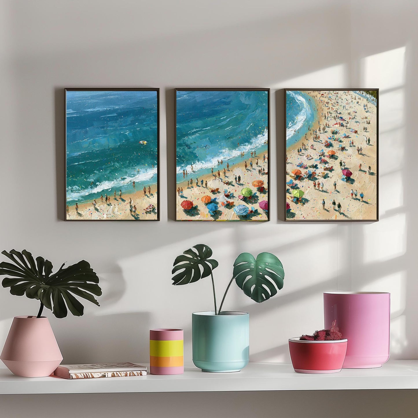 Set of Three Tynemouth Longsands Prints - Aerial Coastal Oil Painting Posters - Colourful Seaside Wall Art - England