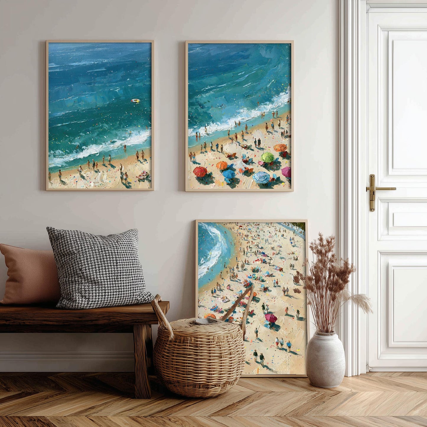 Set of Three Tynemouth Longsands Prints - Aerial Coastal Oil Painting Posters - Colourful Seaside Wall Art - England