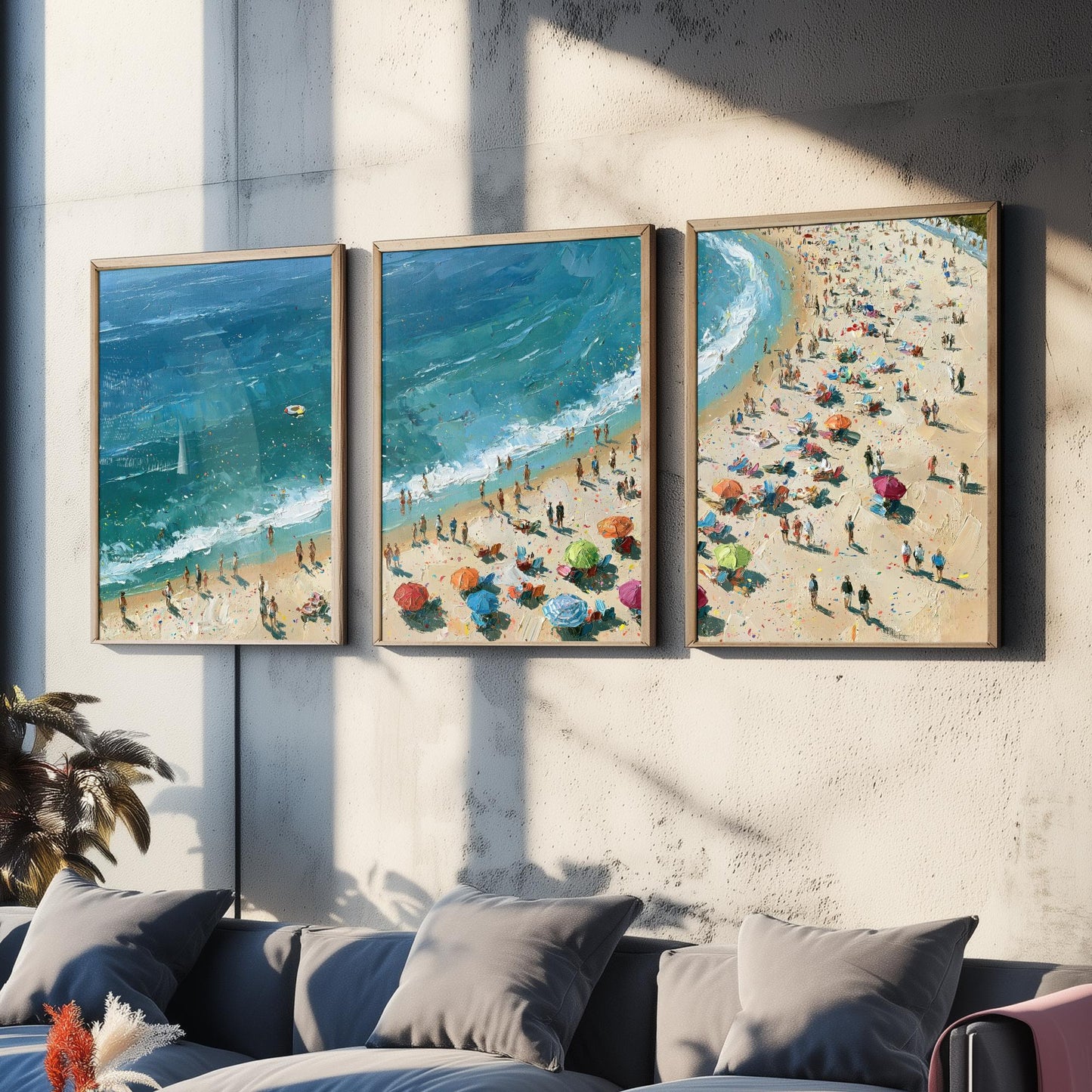 Set of Three Tynemouth Longsands Prints - Aerial Coastal Oil Painting Posters - Colourful Seaside Wall Art - England
