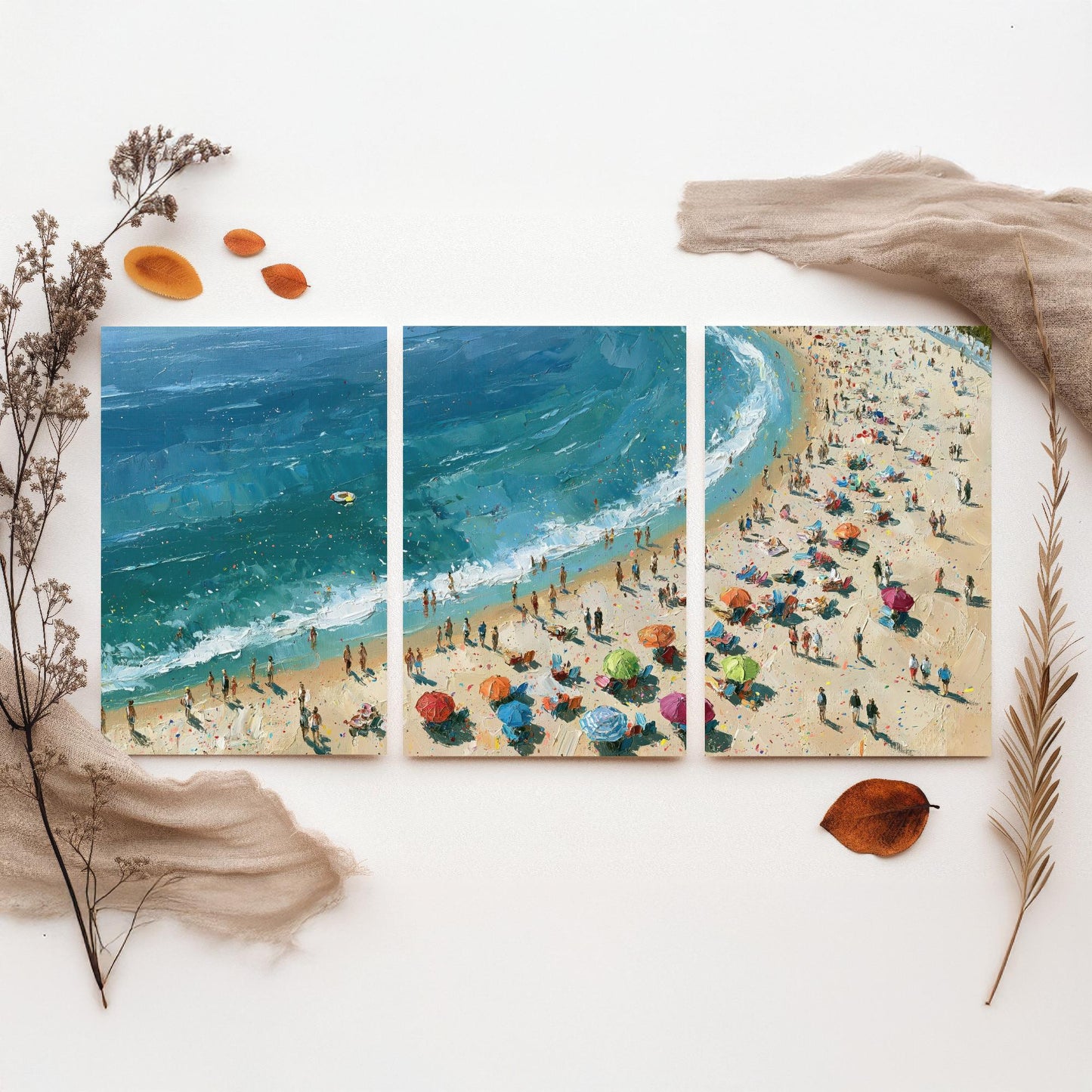 Set of Three Tynemouth Longsands Prints - Aerial Coastal Oil Painting Posters - Colourful Seaside Wall Art - England