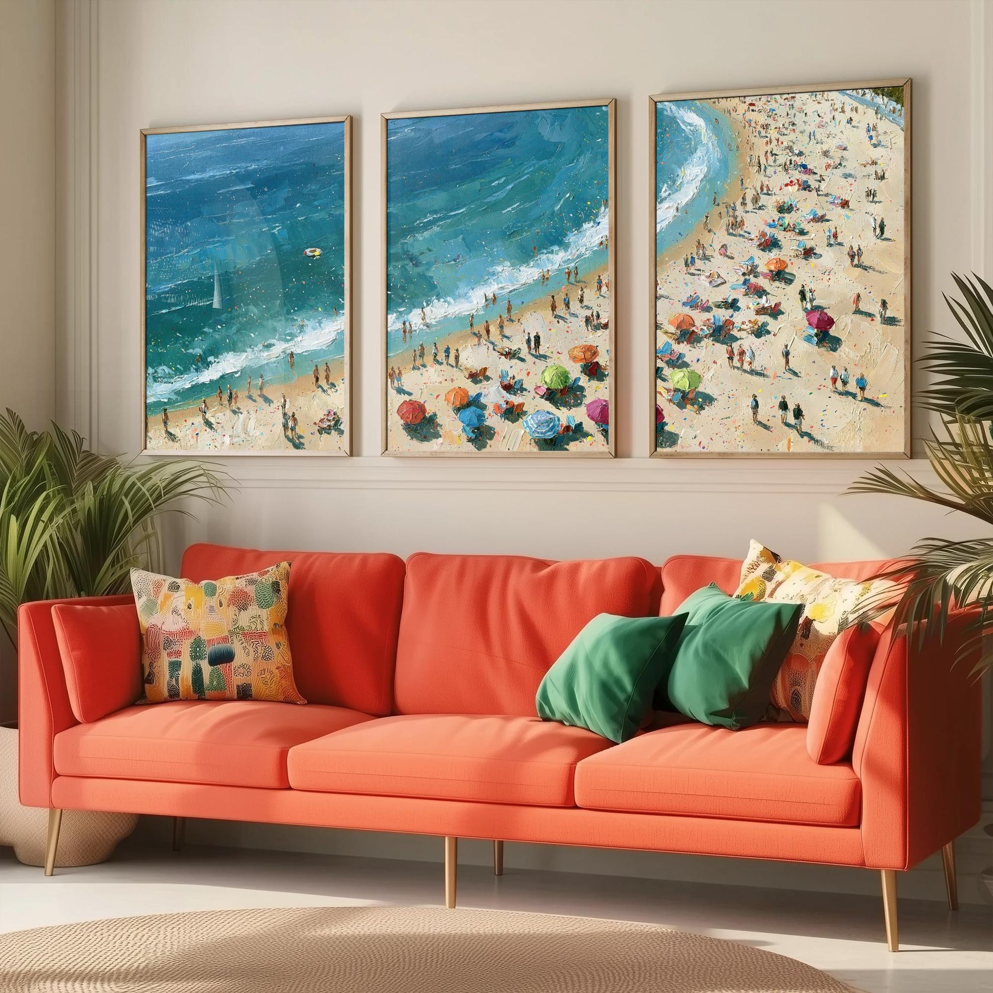 Set of Three Tynemouth Longsands Prints - Aerial Coastal Oil Painting Posters - Colourful Seaside Wall Art - England