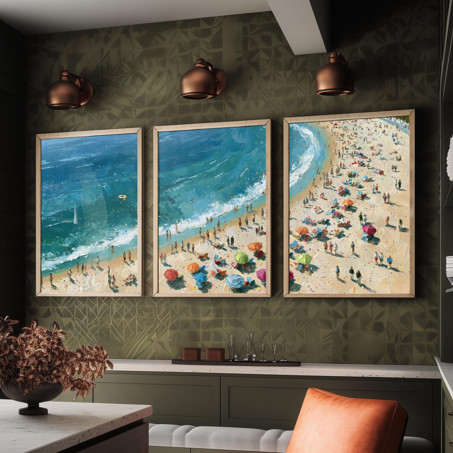 Set of Three Tynemouth Longsands Prints - Aerial Coastal Oil Painting Posters - Colourful Seaside Wall Art - England