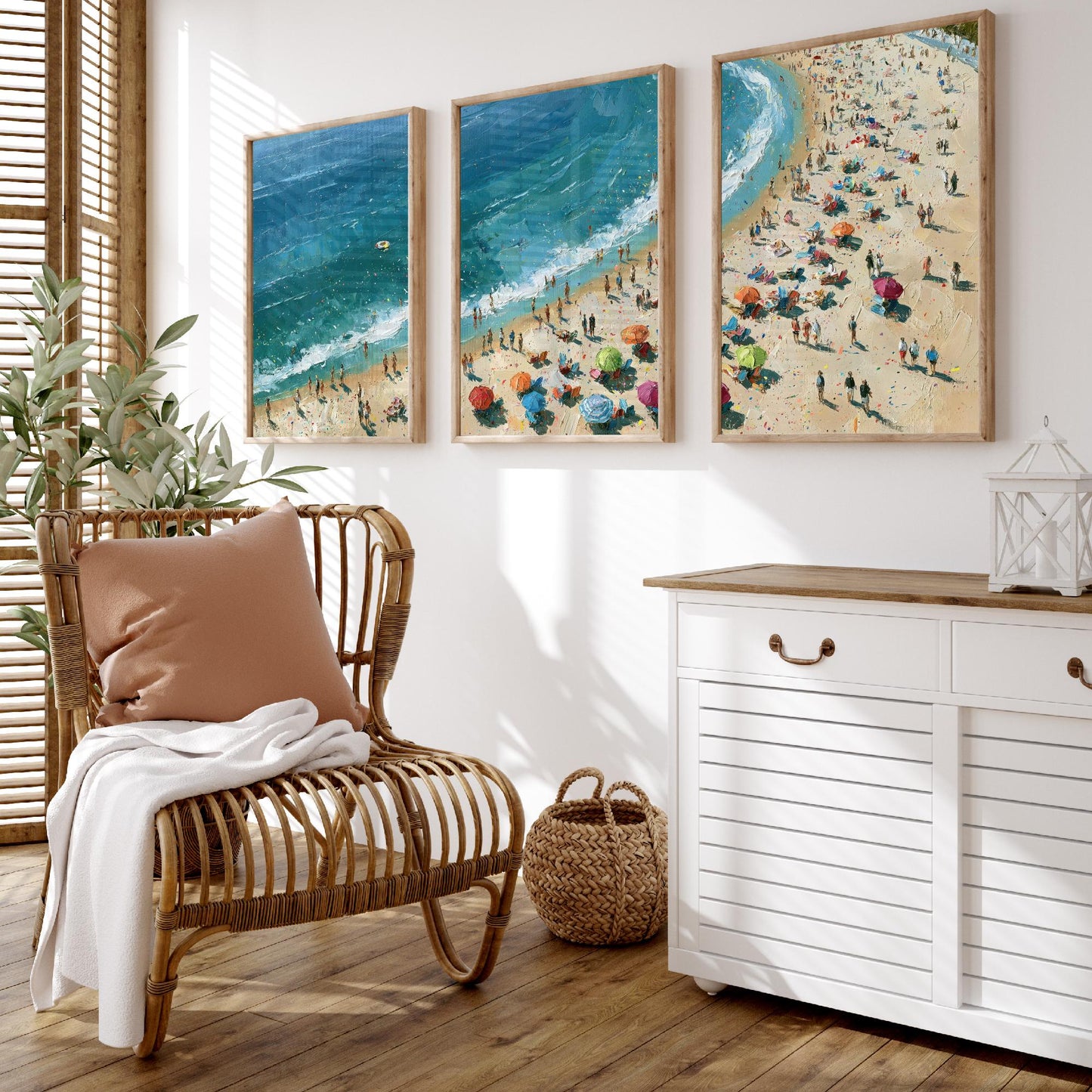 Set of Three Tynemouth Longsands Prints - Aerial Coastal Oil Painting Posters - Colourful Seaside Wall Art - England