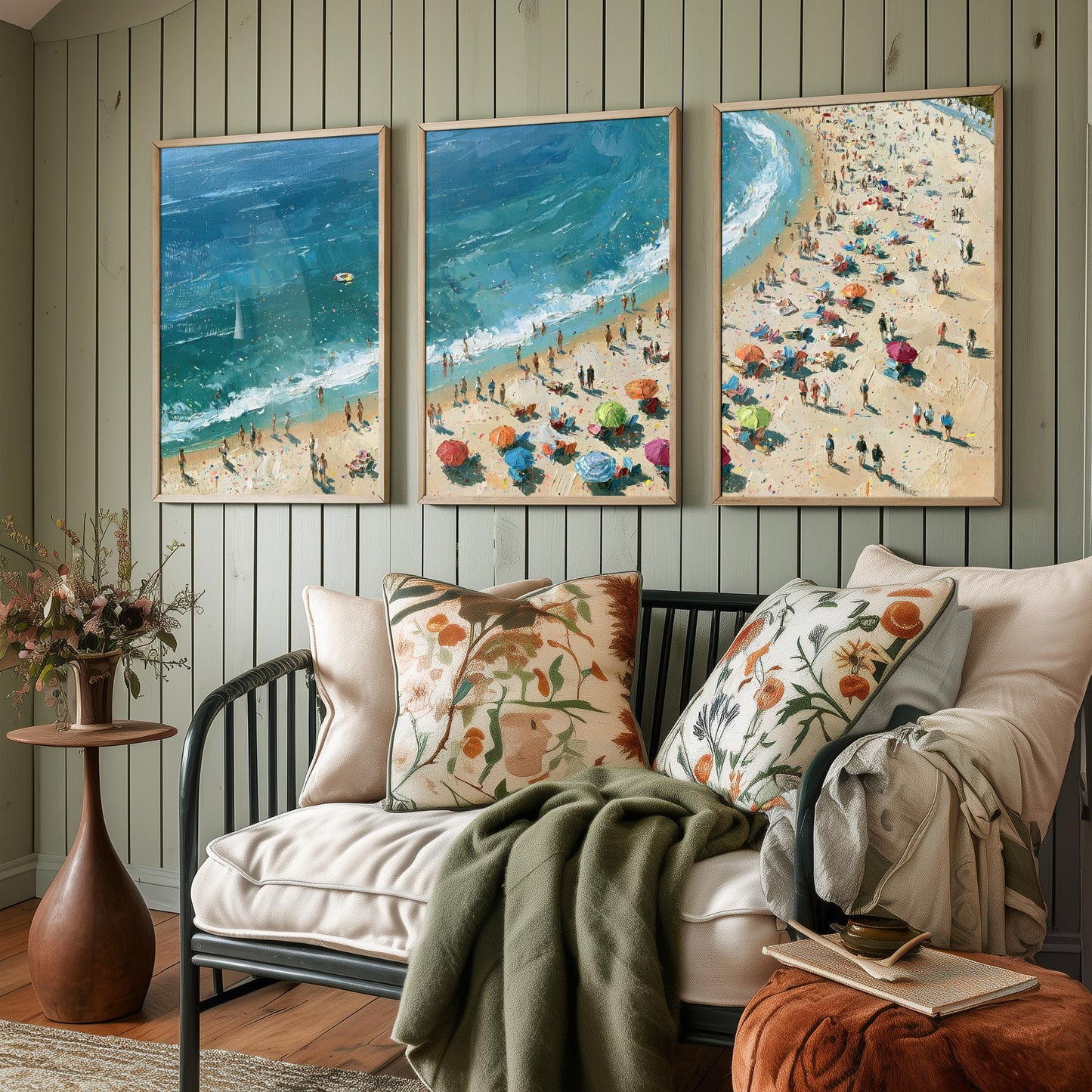 Set of Three Tynemouth Longsands Prints - Aerial Coastal Oil Painting Posters - Colourful Seaside Wall Art - England