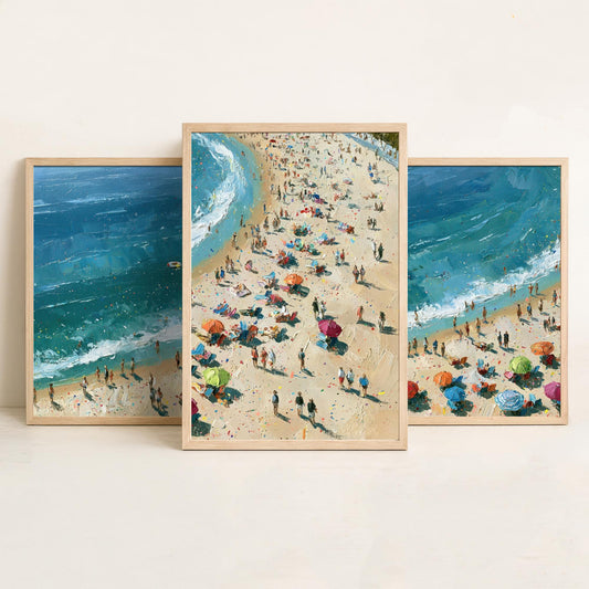 Set of Three Tynemouth Longsands Prints - Aerial Coastal Oil Painting Posters - Colourful Seaside Wall Art - England