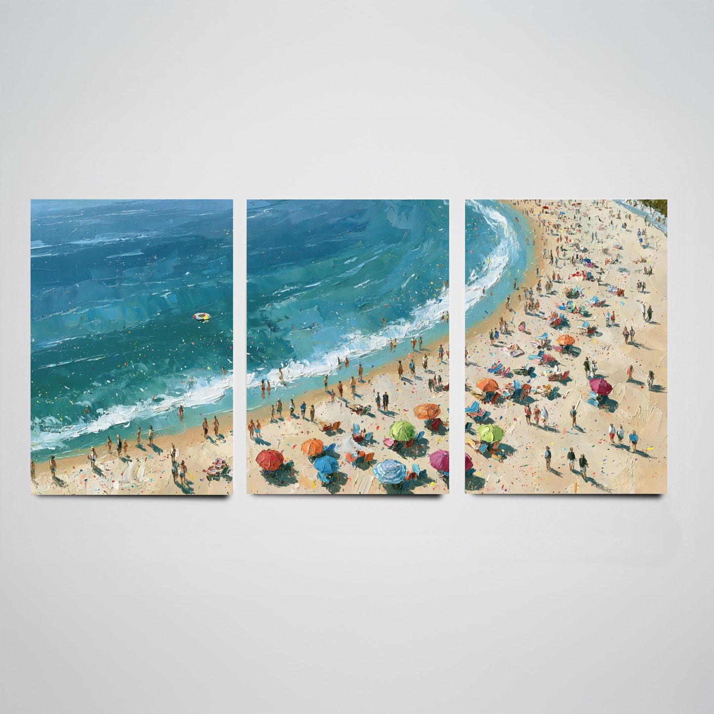 Set of Three Tynemouth Longsands Prints - Aerial Coastal Oil Painting Posters - Colourful Seaside Wall Art - England