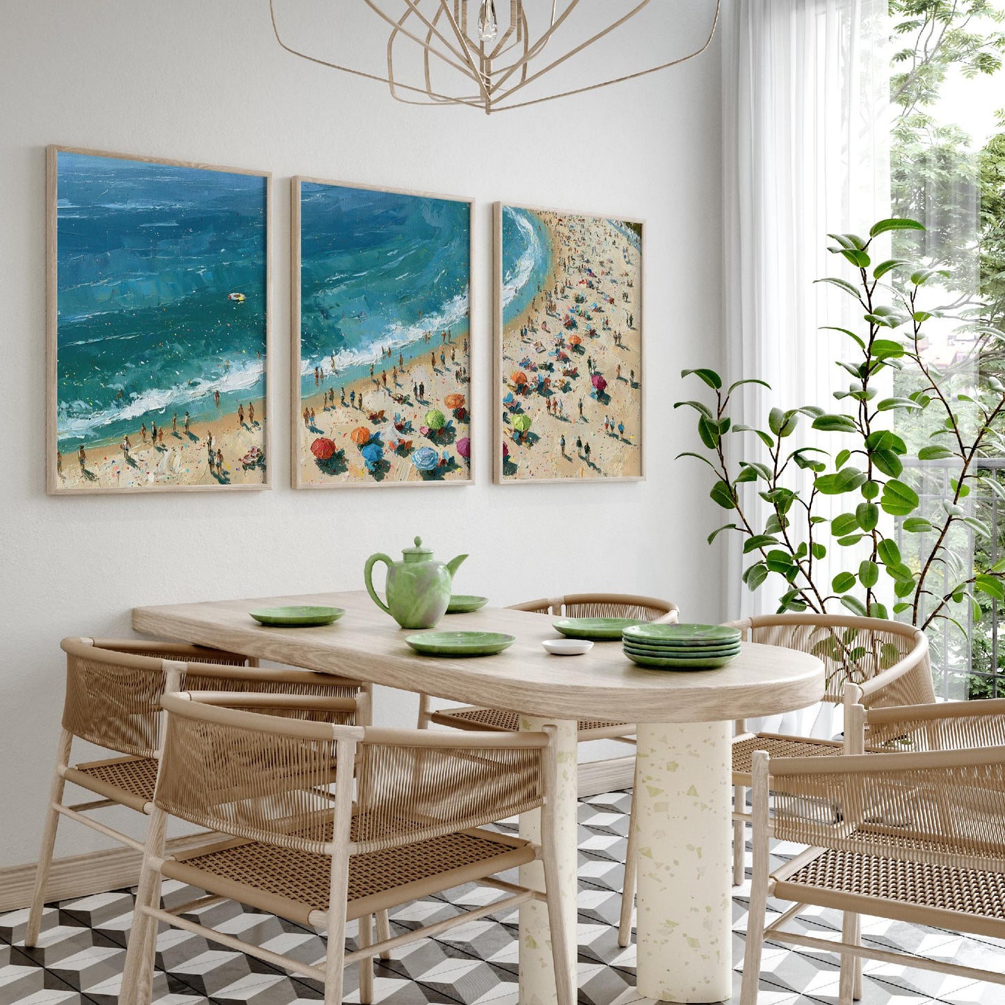 Set of Three Tynemouth Longsands Prints - Aerial Coastal Oil Painting Posters - Colourful Seaside Wall Art - England
