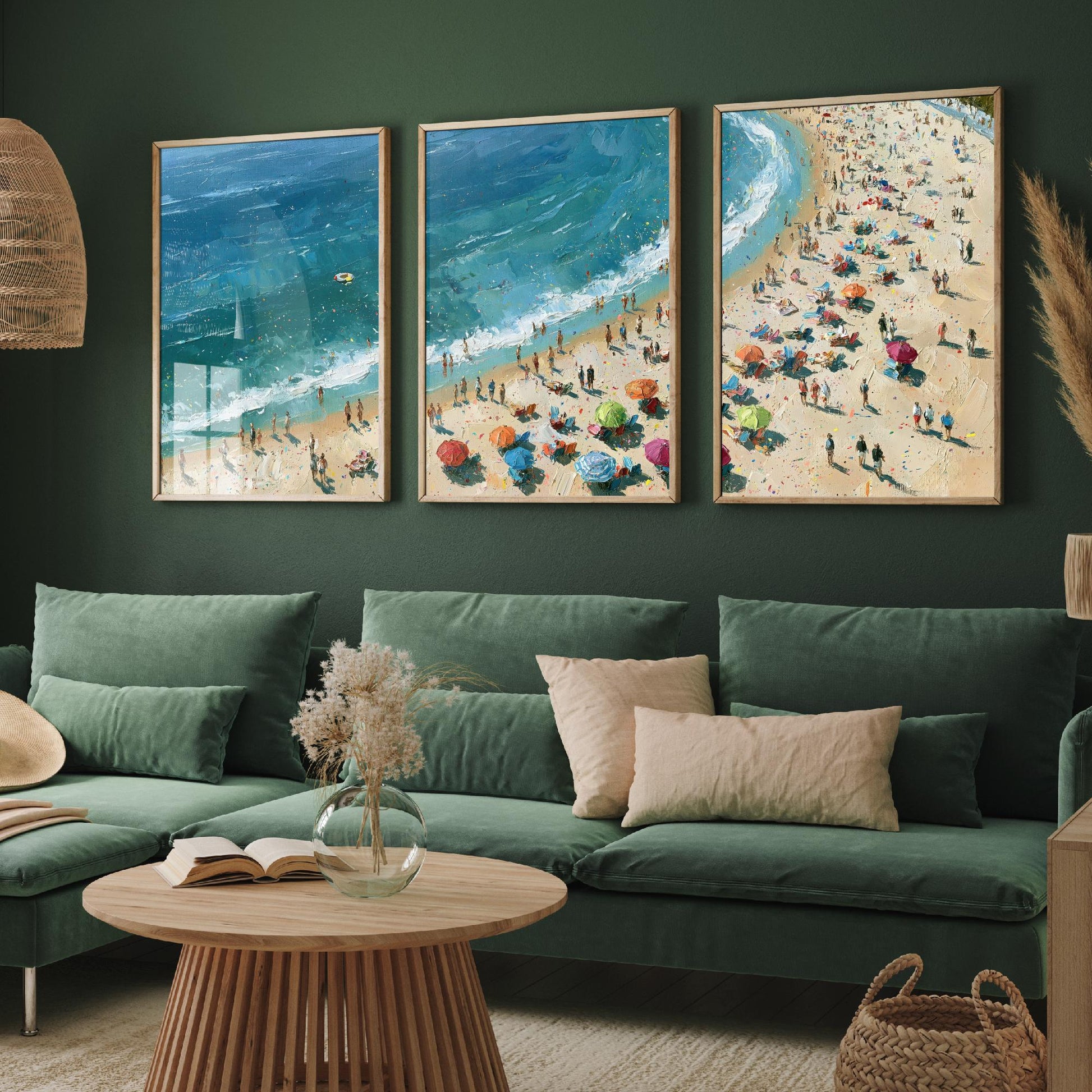 Set of Three Tynemouth Longsands Prints - Aerial Coastal Oil Painting Posters - Colourful Seaside Wall Art - England