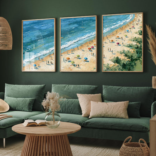 Set of Three West Sands St Andrews Prints - Aerial Coastal Oil Painting Posters - Colourful Seaside Wall Art - Scotland
