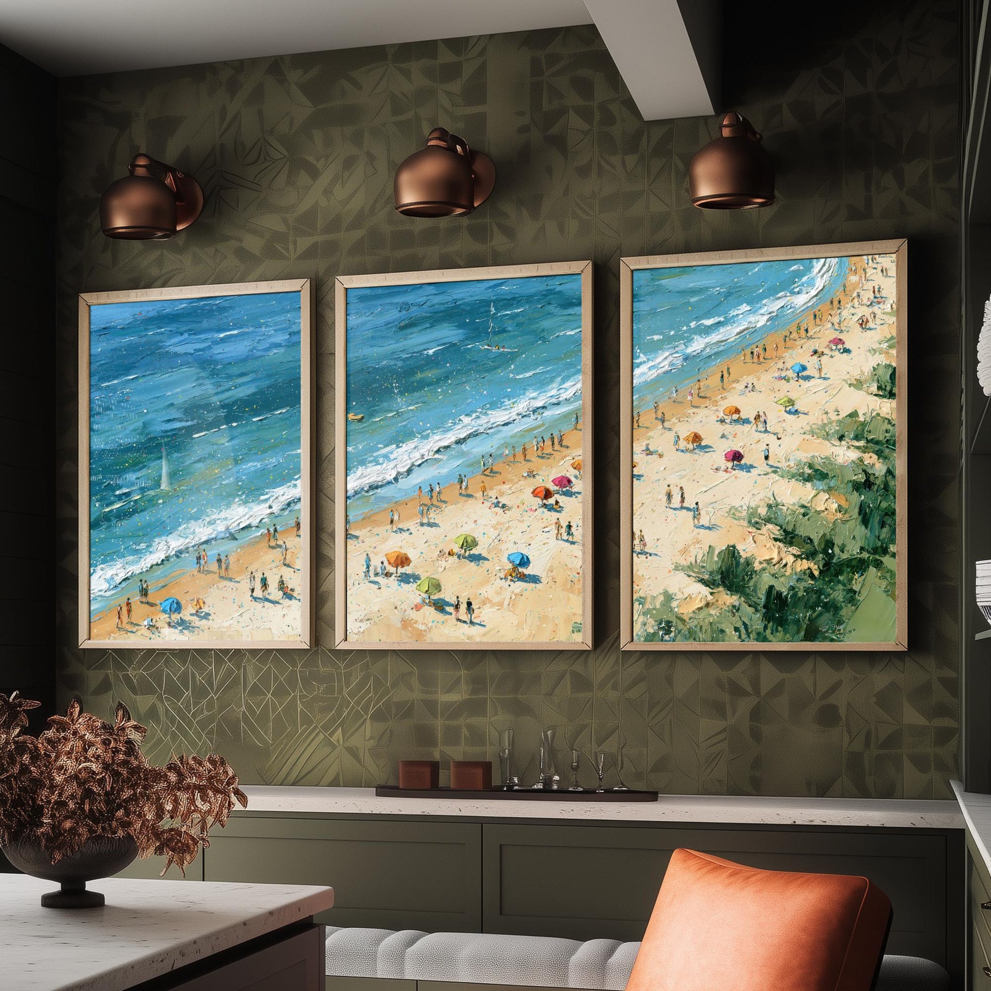 Set of Three West Sands St Andrews Prints - Aerial Coastal Oil Painting Posters - Colourful Seaside Wall Art - Scotland