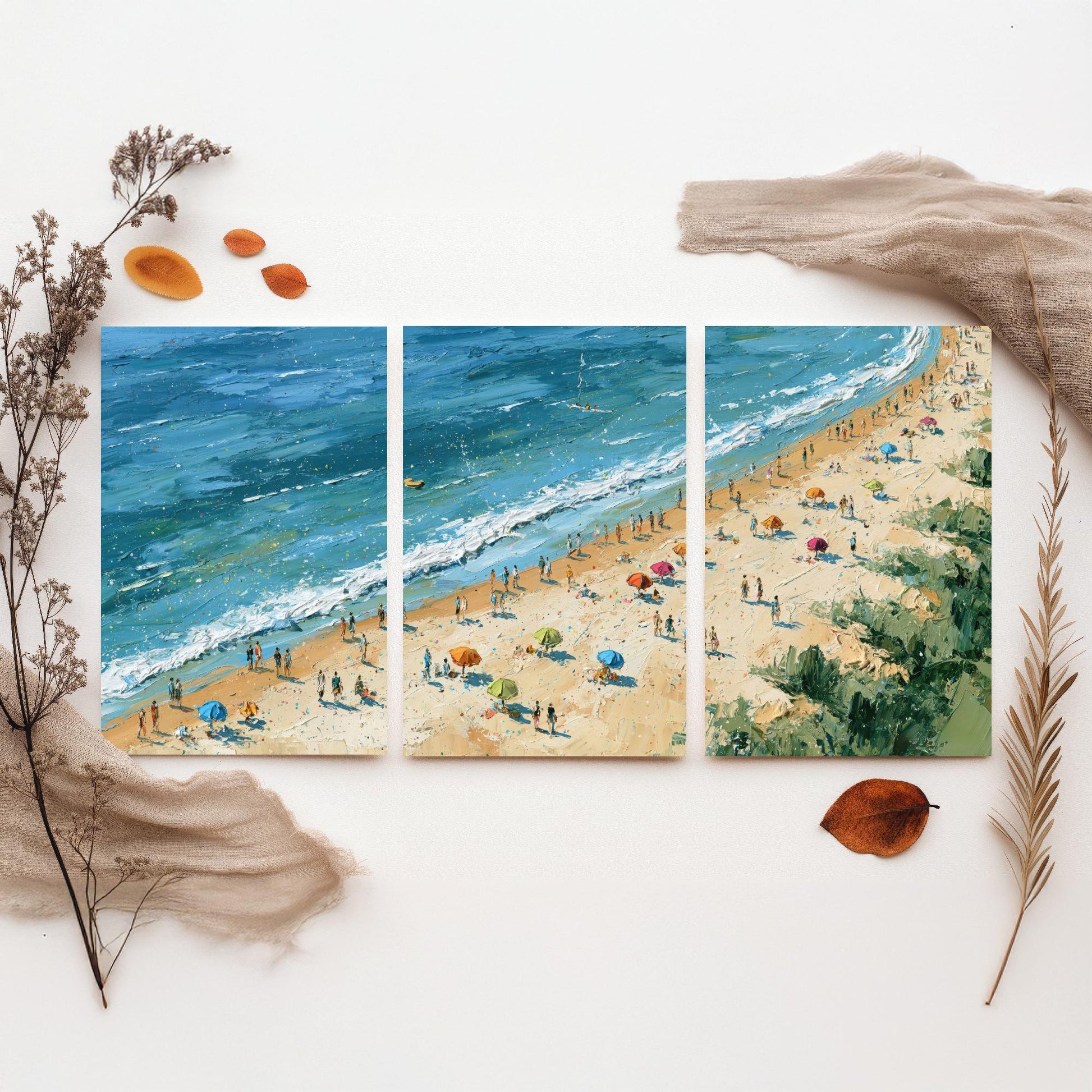 Set of Three West Sands St Andrews Prints - Aerial Coastal Oil Painting Posters - Colourful Seaside Wall Art - Scotland