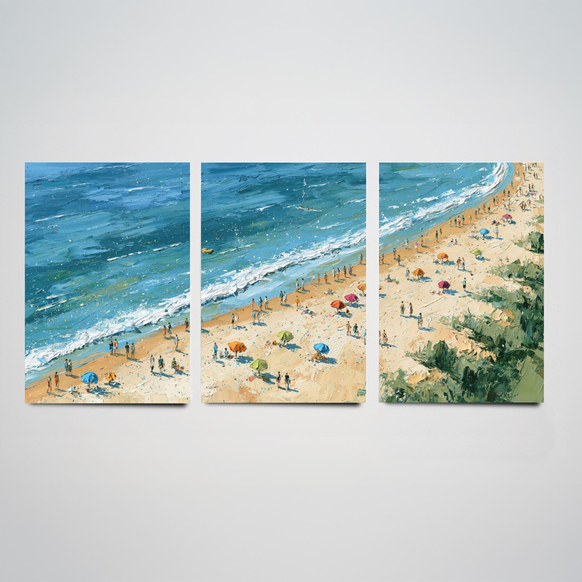 Set of Three West Sands St Andrews Prints - Aerial Coastal Oil Painting Posters - Colourful Seaside Wall Art - Scotland