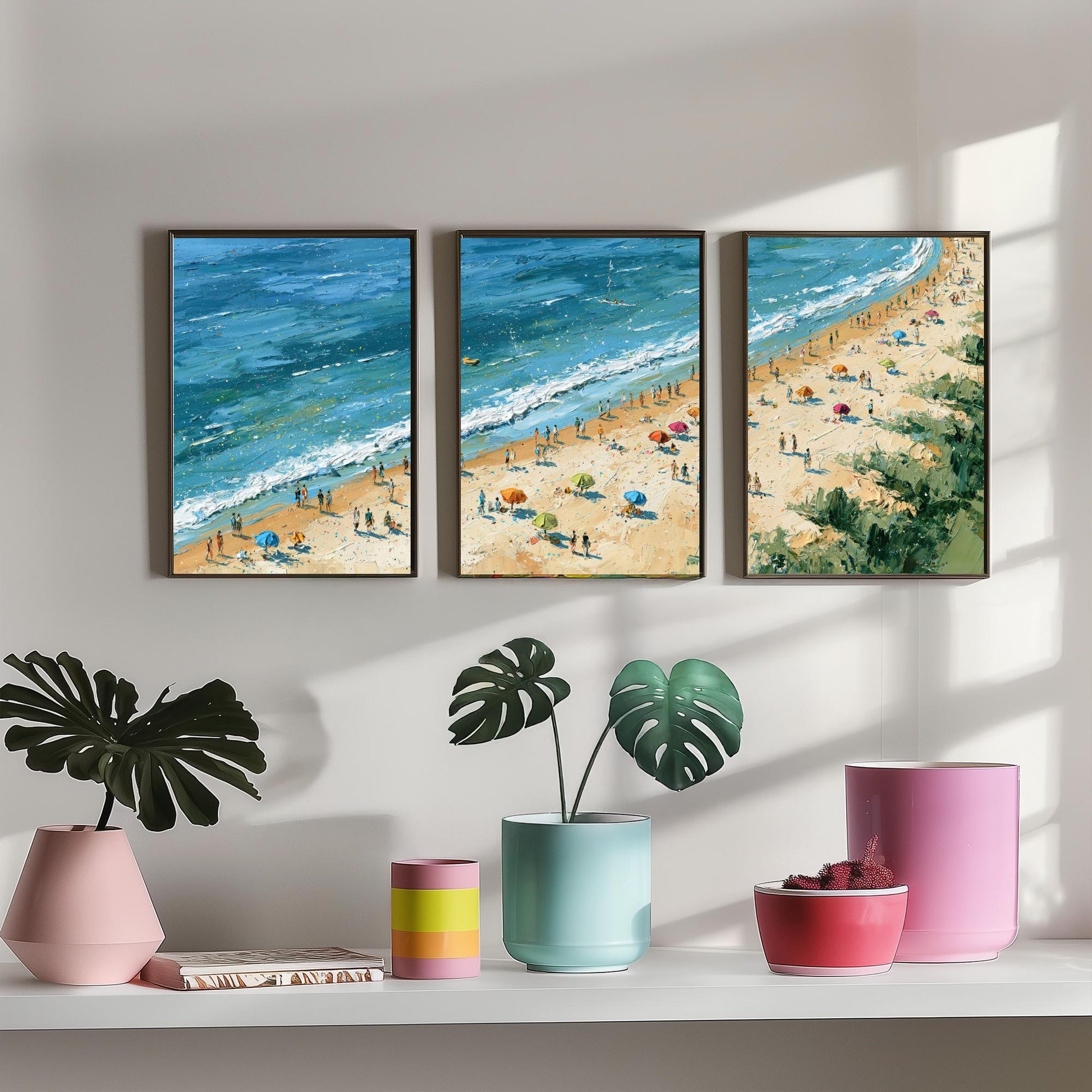 Set of Three West Sands St Andrews Prints - Aerial Coastal Oil Painting Posters - Colourful Seaside Wall Art - Scotland