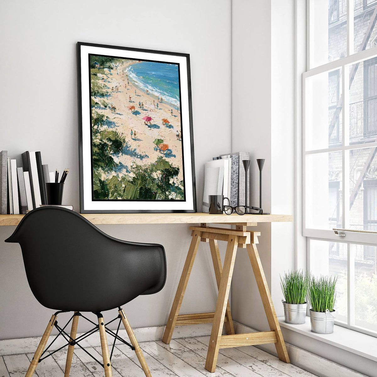 West Wittering Beach Travel Poster - Aerial Beach Art Print - Impasto Beach Painting - West Sussex Panel 1/3