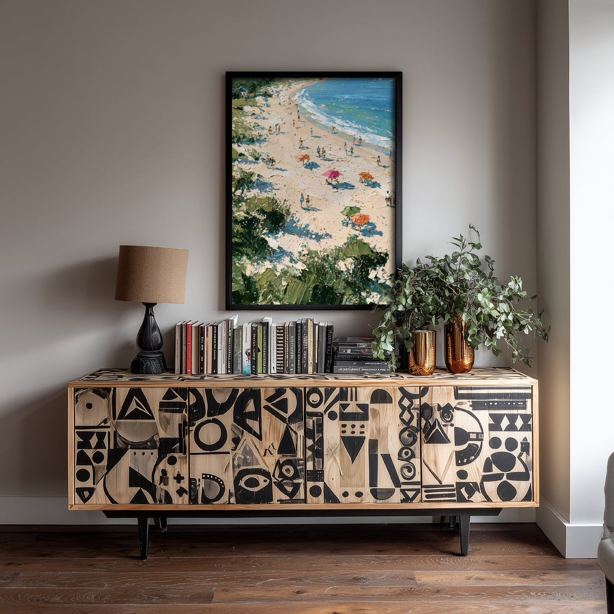 West Wittering Beach Travel Poster - Aerial Beach Art Print - Impasto Beach Painting - West Sussex Panel 1/3