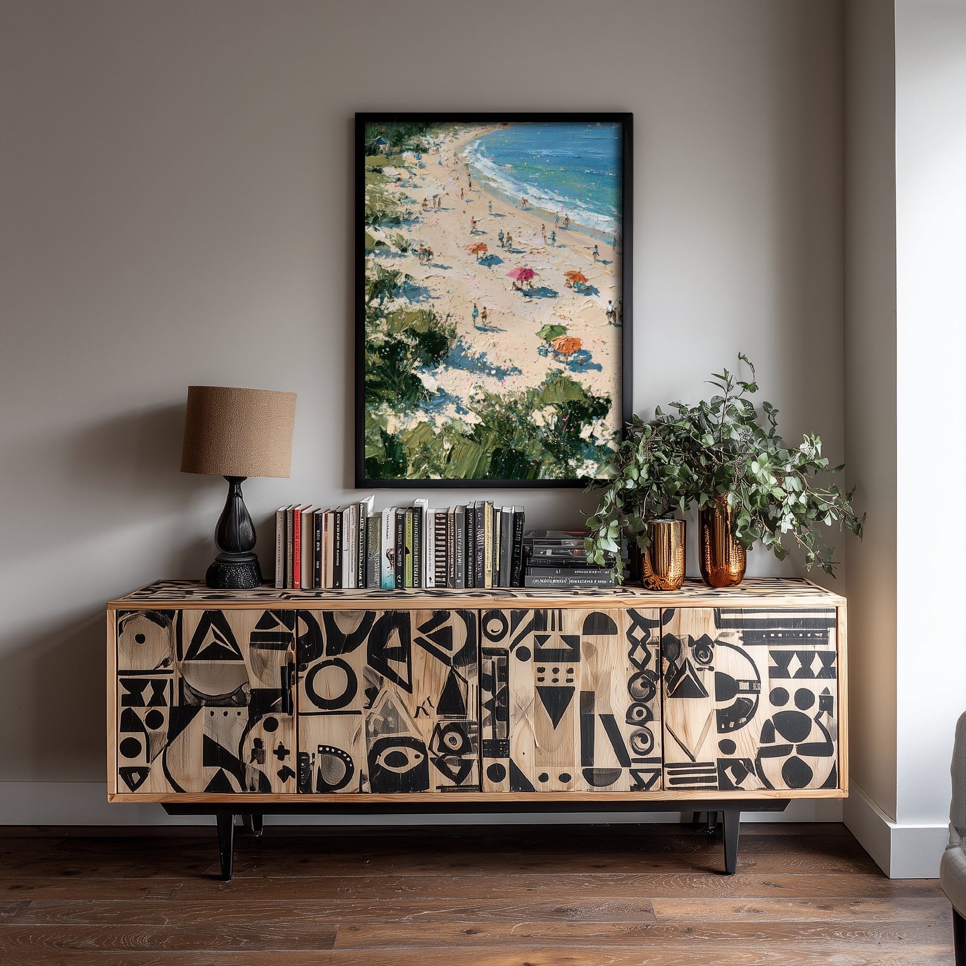 West Wittering Beach Travel Poster - Aerial Beach Art Print - Impasto Beach Painting - West Sussex Panel 1/3