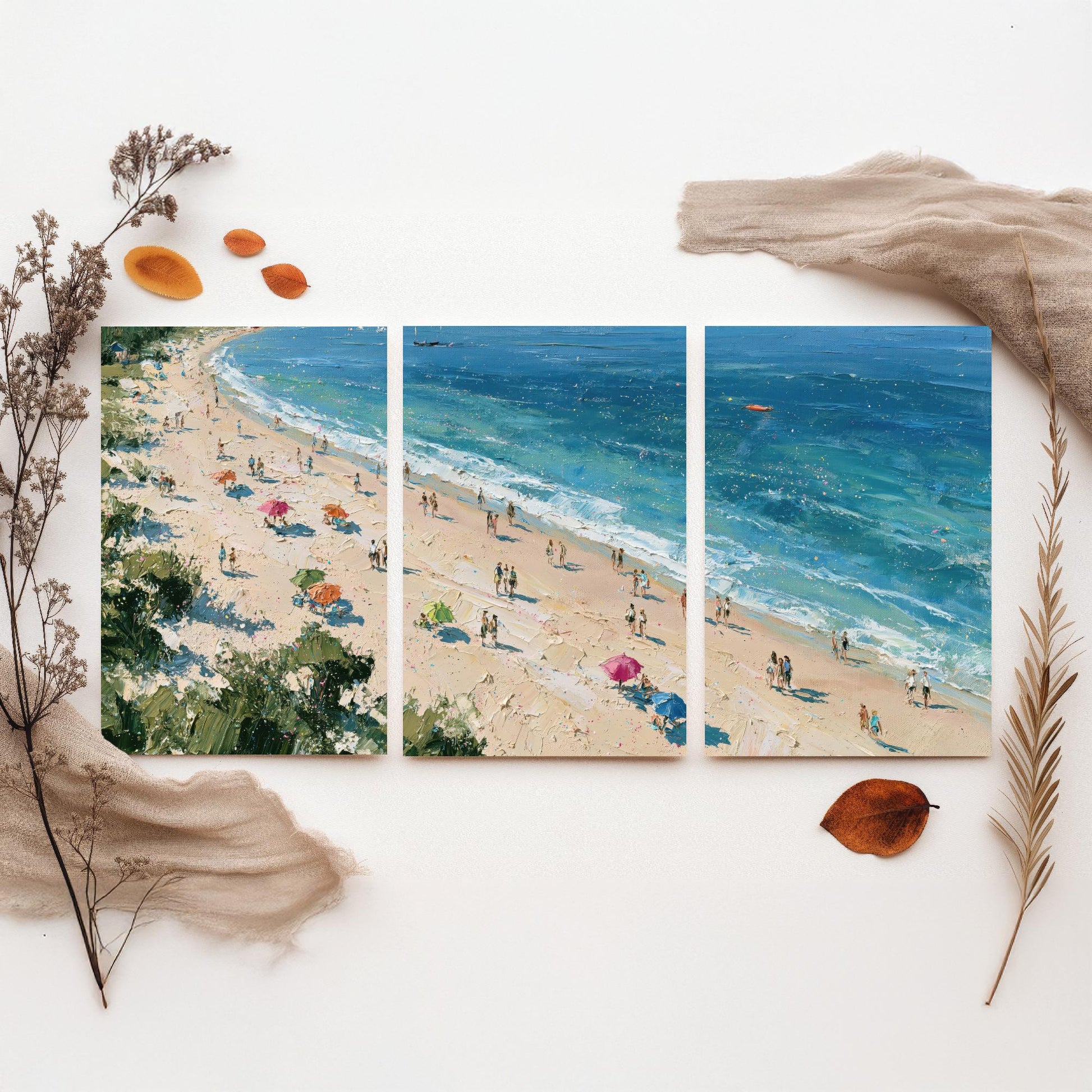Set of Three West Wittering Beach Prints - Aerial Coastal Oil Painting Posters - Colourful Seaside Wall Art - England