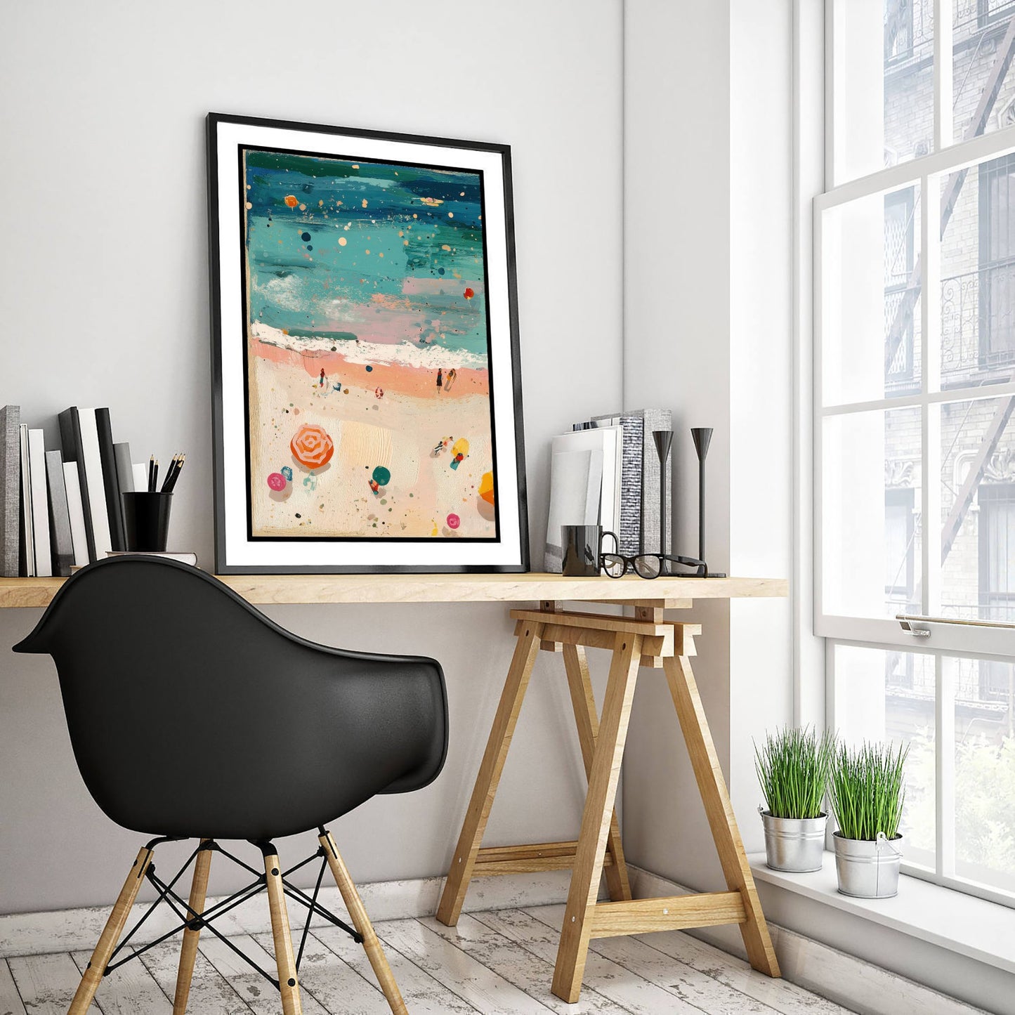 Weston-super-Mare Beach Travel Poster - Aerial Beach Art Print - Impasto Beach Painting - Somerset Panel 1/3