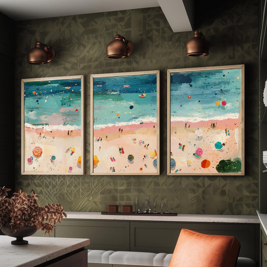 Weston-super-Mare Beach Set of Three Prints - Aerial Somerset Coast Posters - Palette Knife Oil Painting - Sandy Bay Wall Art