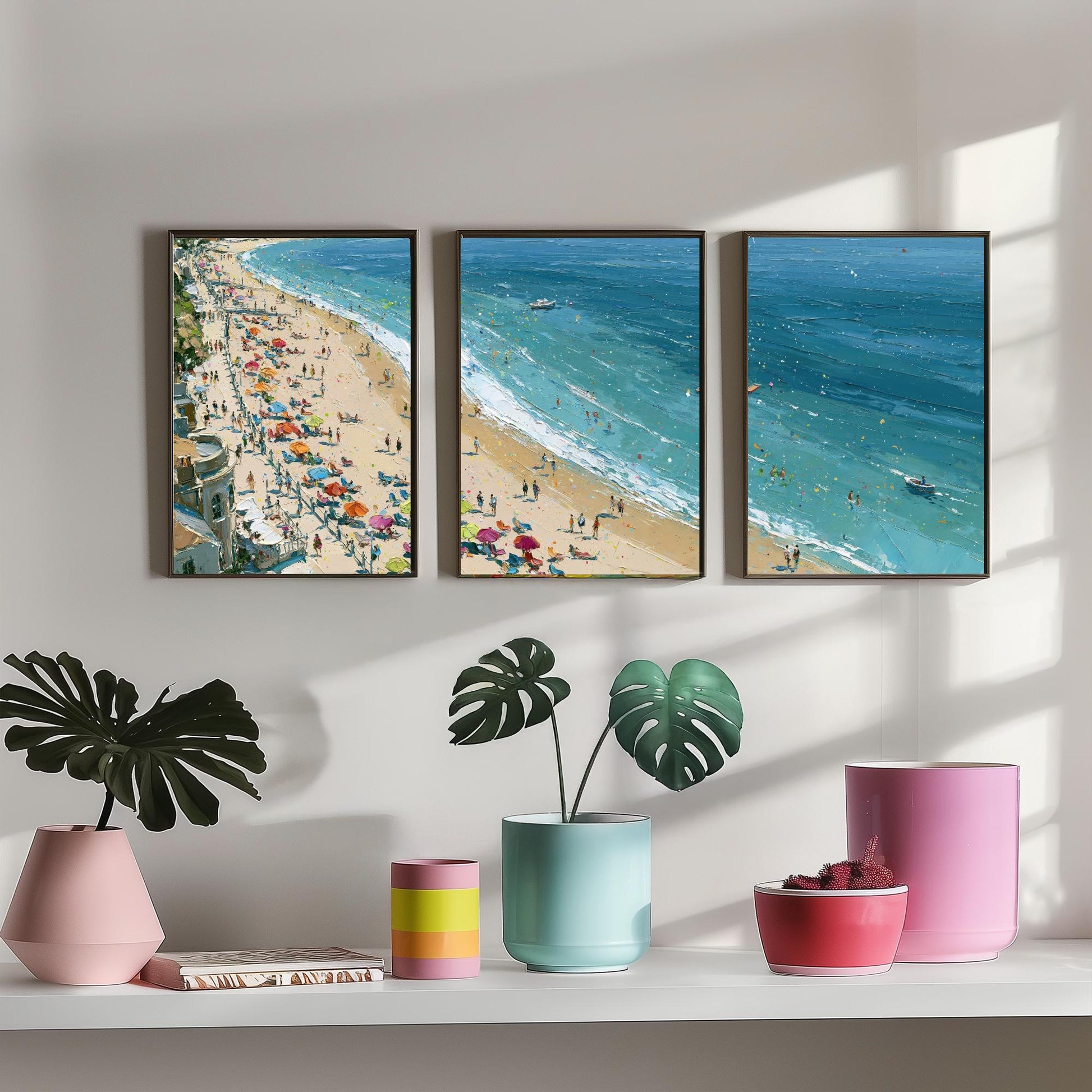 Set of Three Weymouth Beach Prints - Aerial Coastal Oil Painting Posters - Colourful Seaside Wall Art - England