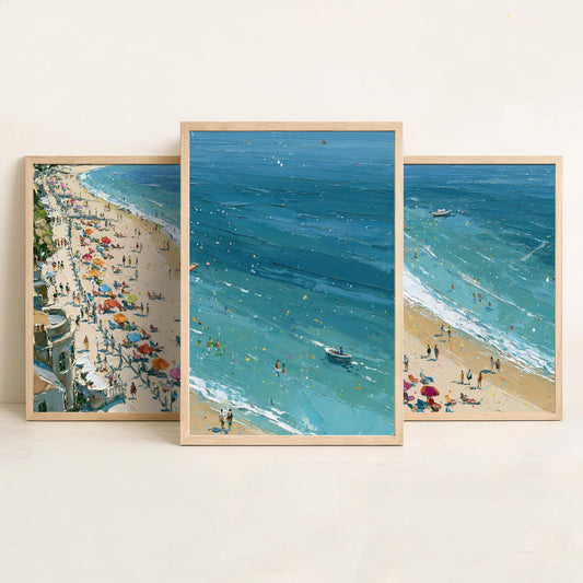 Set of Three Weymouth Beach Prints - Aerial Coastal Oil Painting Posters - Colourful Seaside Wall Art - England