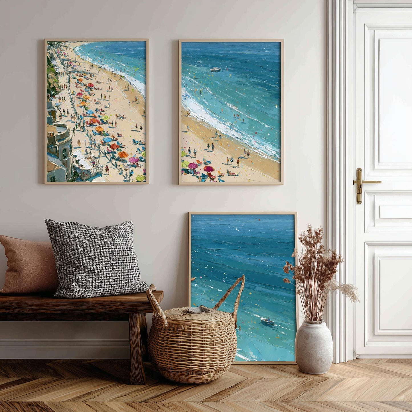 Set of Three Weymouth Beach Prints - Aerial Coastal Oil Painting Posters - Colourful Seaside Wall Art - England