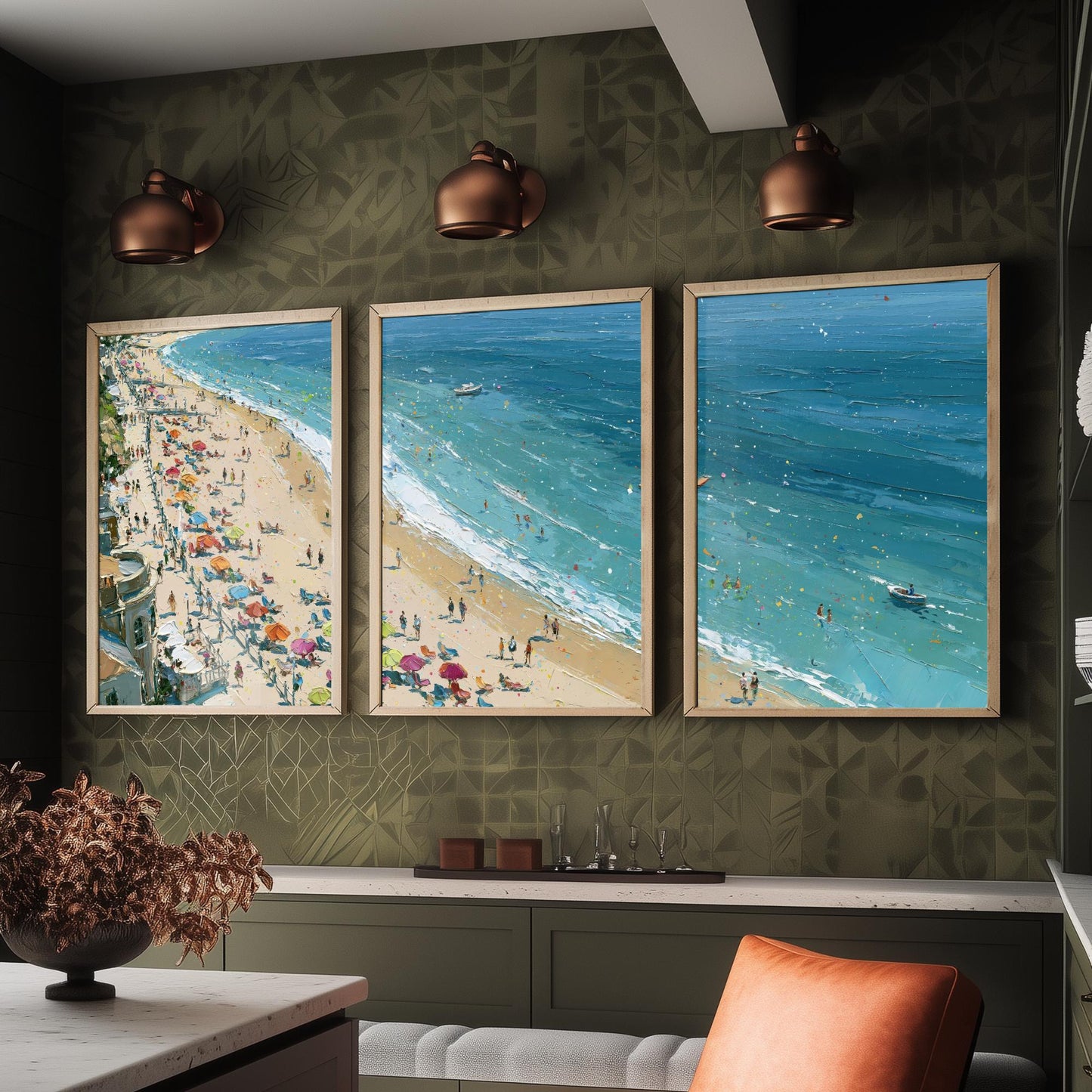 Set of Three Weymouth Beach Prints - Aerial Coastal Oil Painting Posters - Colourful Seaside Wall Art - England