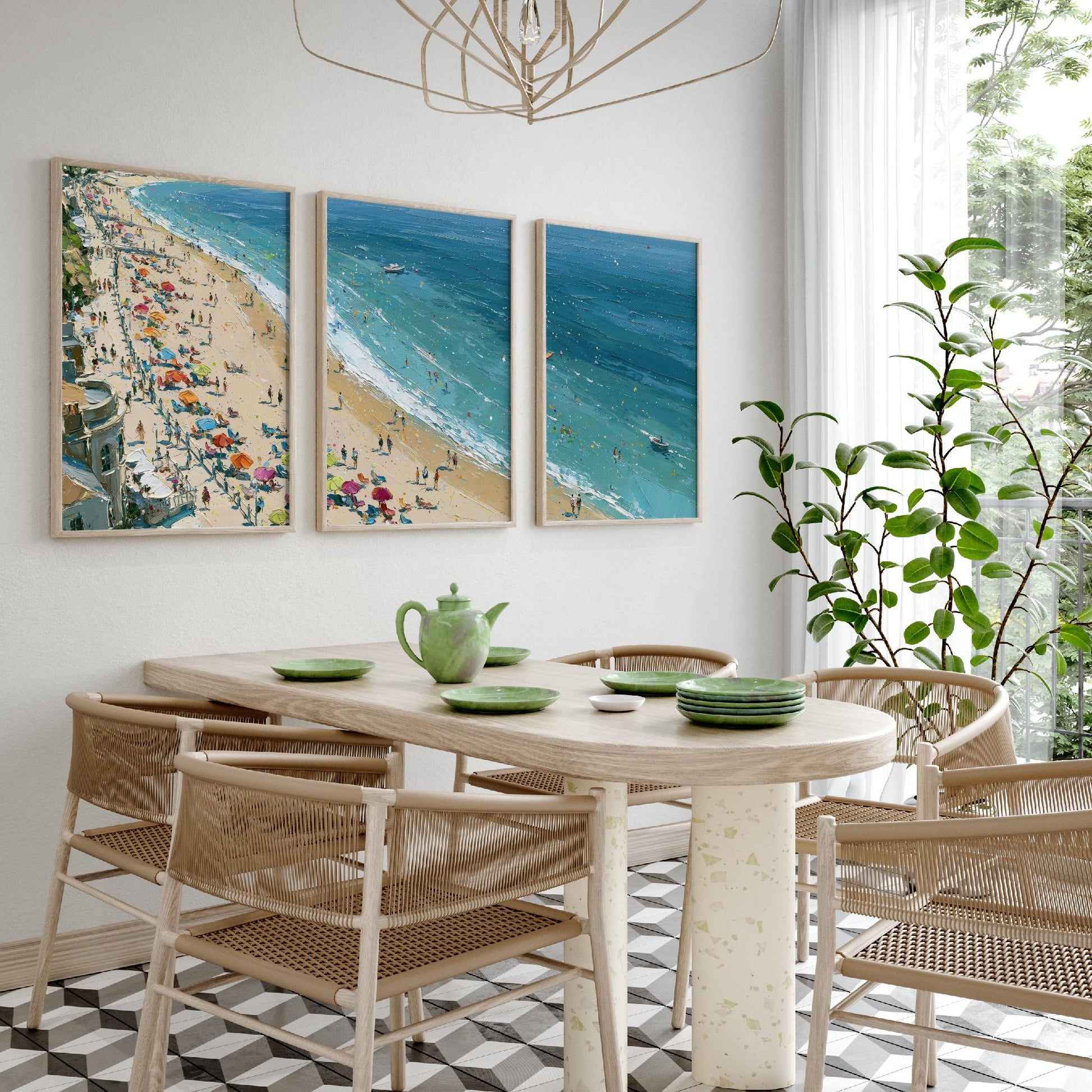 Set of Three Weymouth Beach Prints - Aerial Coastal Oil Painting Posters - Colourful Seaside Wall Art - England