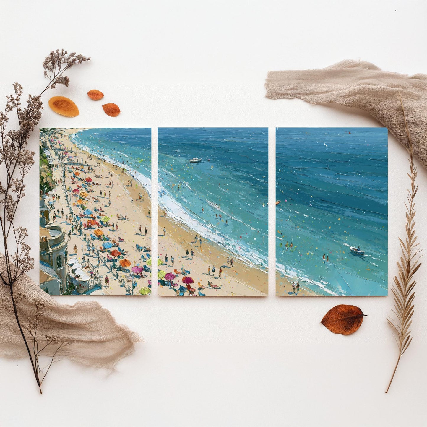 Set of Three Weymouth Beach Prints - Aerial Coastal Oil Painting Posters - Colourful Seaside Wall Art - England