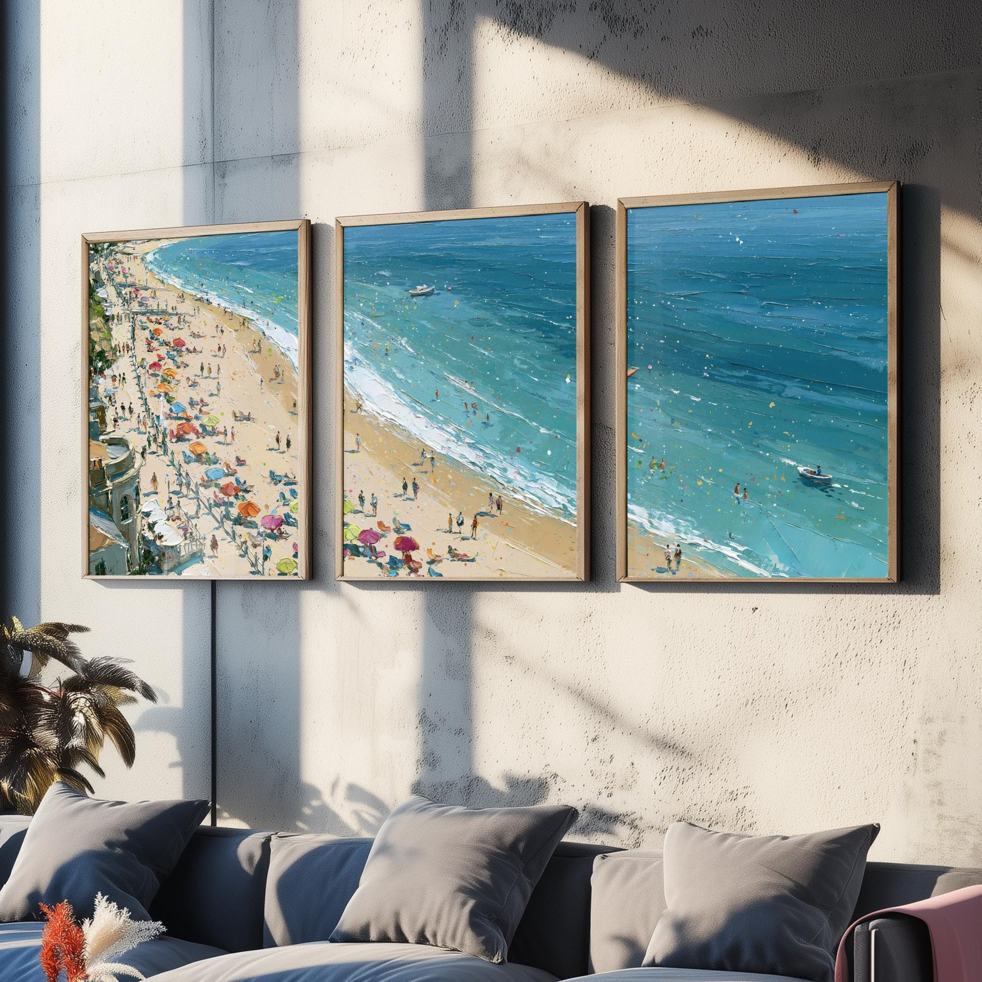 Set of Three Weymouth Beach Prints - Aerial Coastal Oil Painting Posters - Colourful Seaside Wall Art - England
