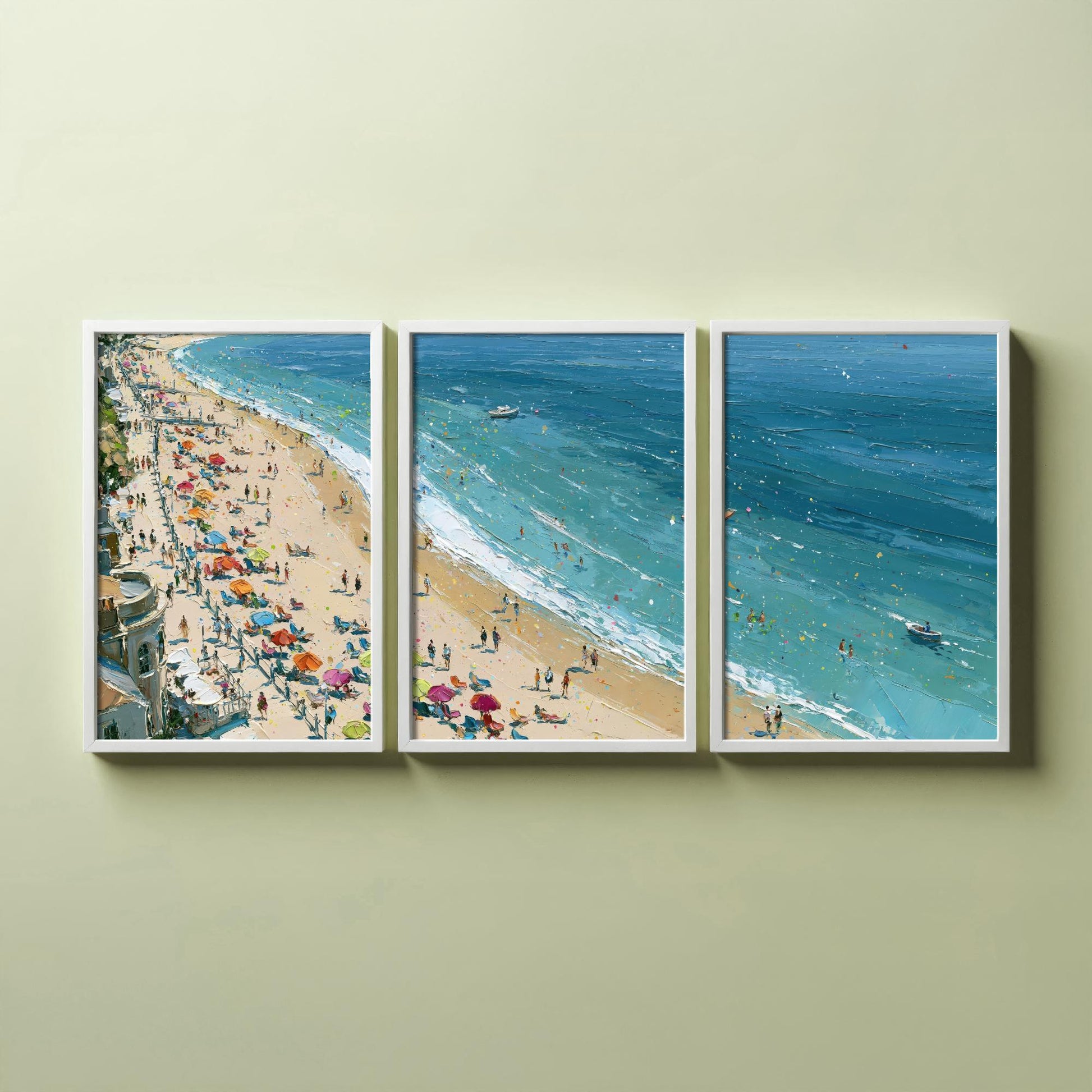 Set of Three Weymouth Beach Prints - Aerial Coastal Oil Painting Posters - Colourful Seaside Wall Art - England
