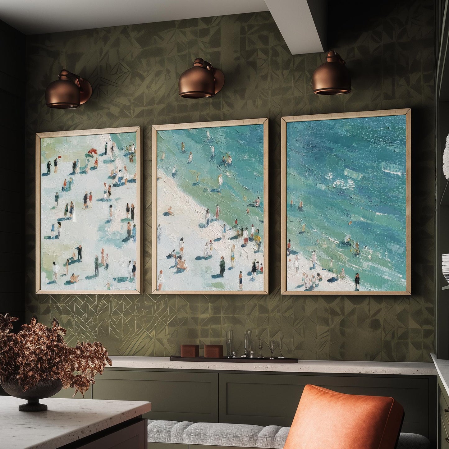 Whitby Beach Set of Three Prints - Aerial North Yorkshire Posters - Palette Knife Oil Painting - Muted Coastal Wall Art