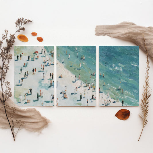 Whitby Beach Set of Three Prints - Aerial North Yorkshire Posters - Palette Knife Oil Painting - Muted Coastal Wall Art