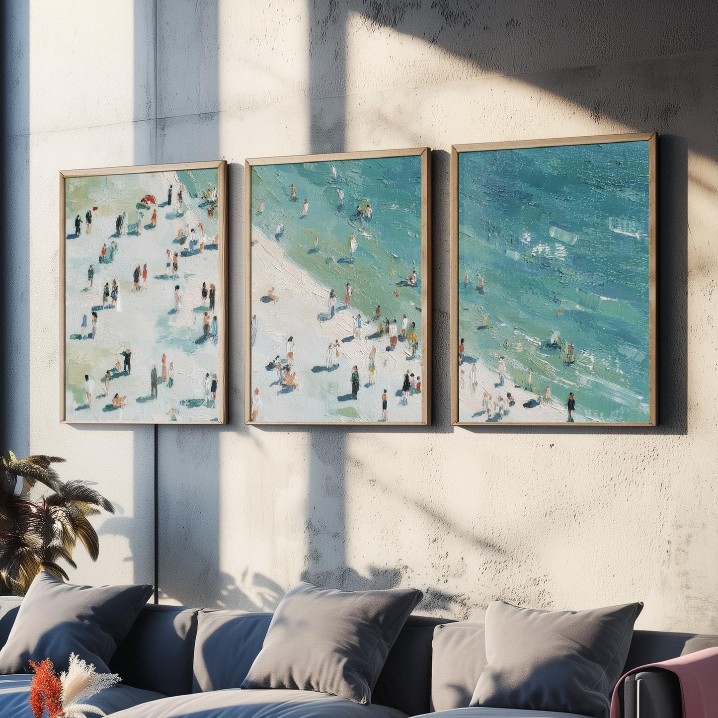 Whitby Beach Set of Three Prints - Aerial North Yorkshire Posters - Palette Knife Oil Painting - Muted Coastal Wall Art